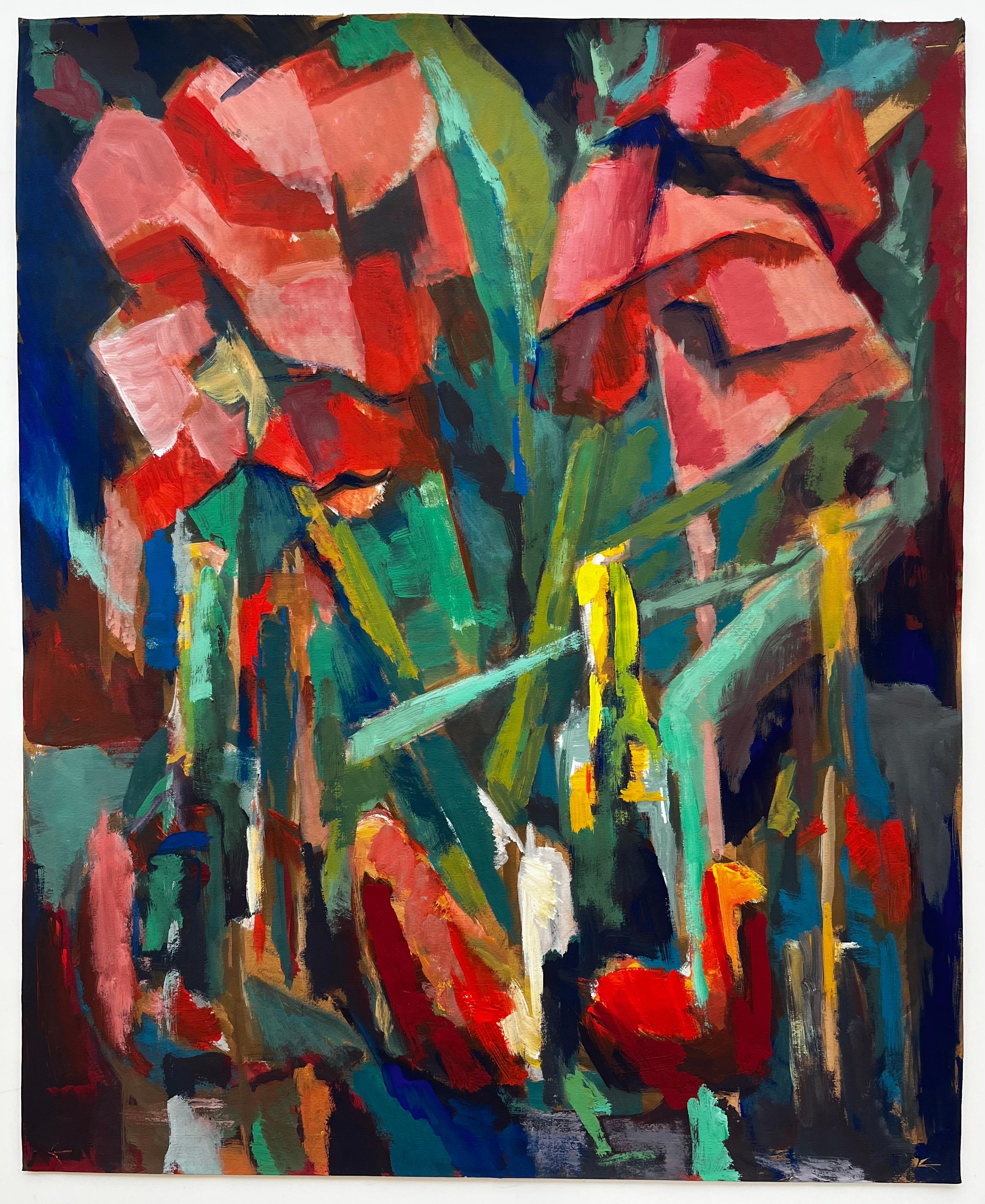 Abstrakte rote Blumen und Flaschen Stillleben Französisch Modernist Gouache – Painting von Guy Nicod