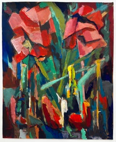 Abstract Red Flowers and Bottles Still Life French Modernist Gouache