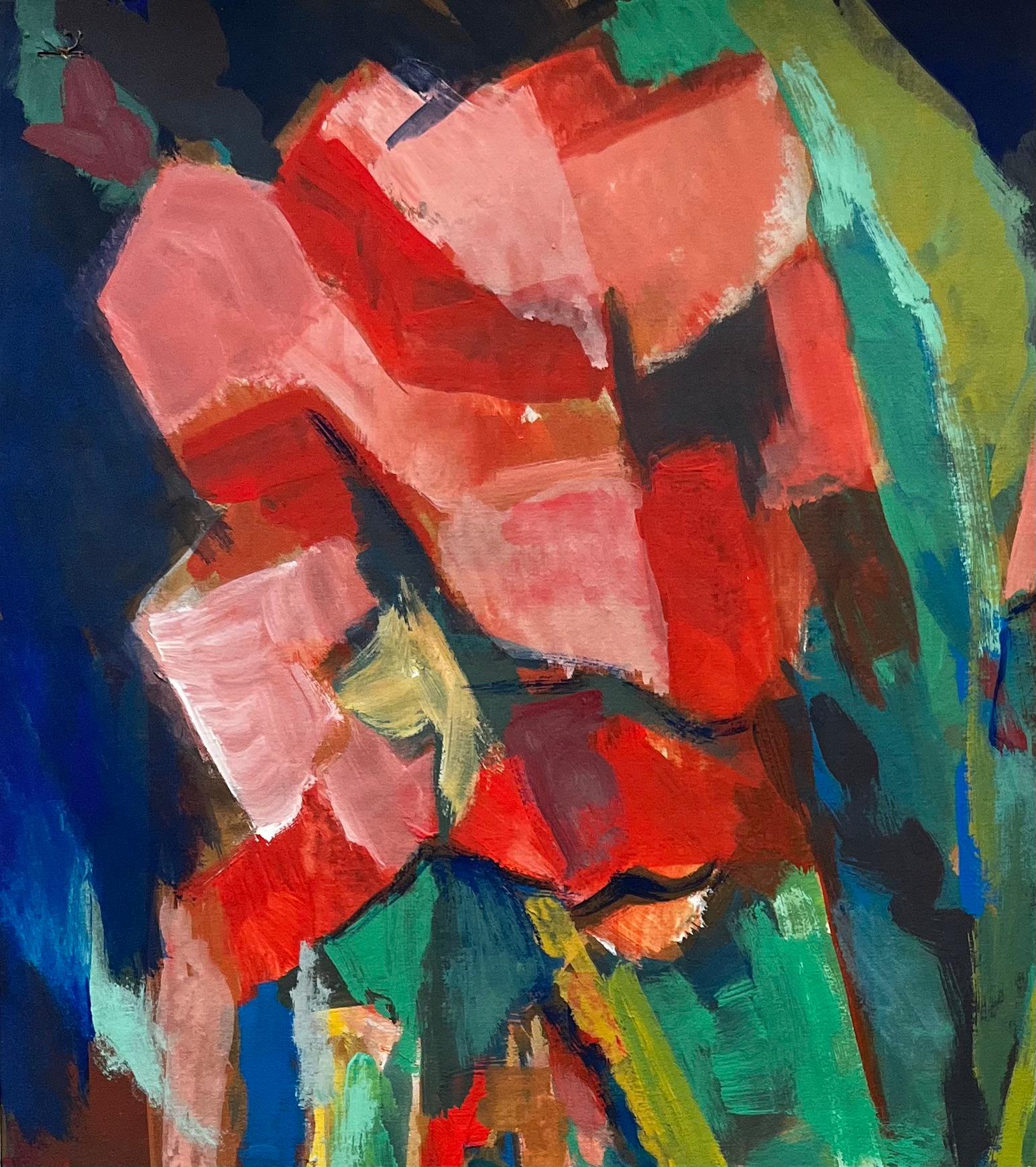 Abstrakte rote Blumen und Flaschen Stillleben Französisch Modernist Gouache (Moderne), Painting, von Guy Nicod