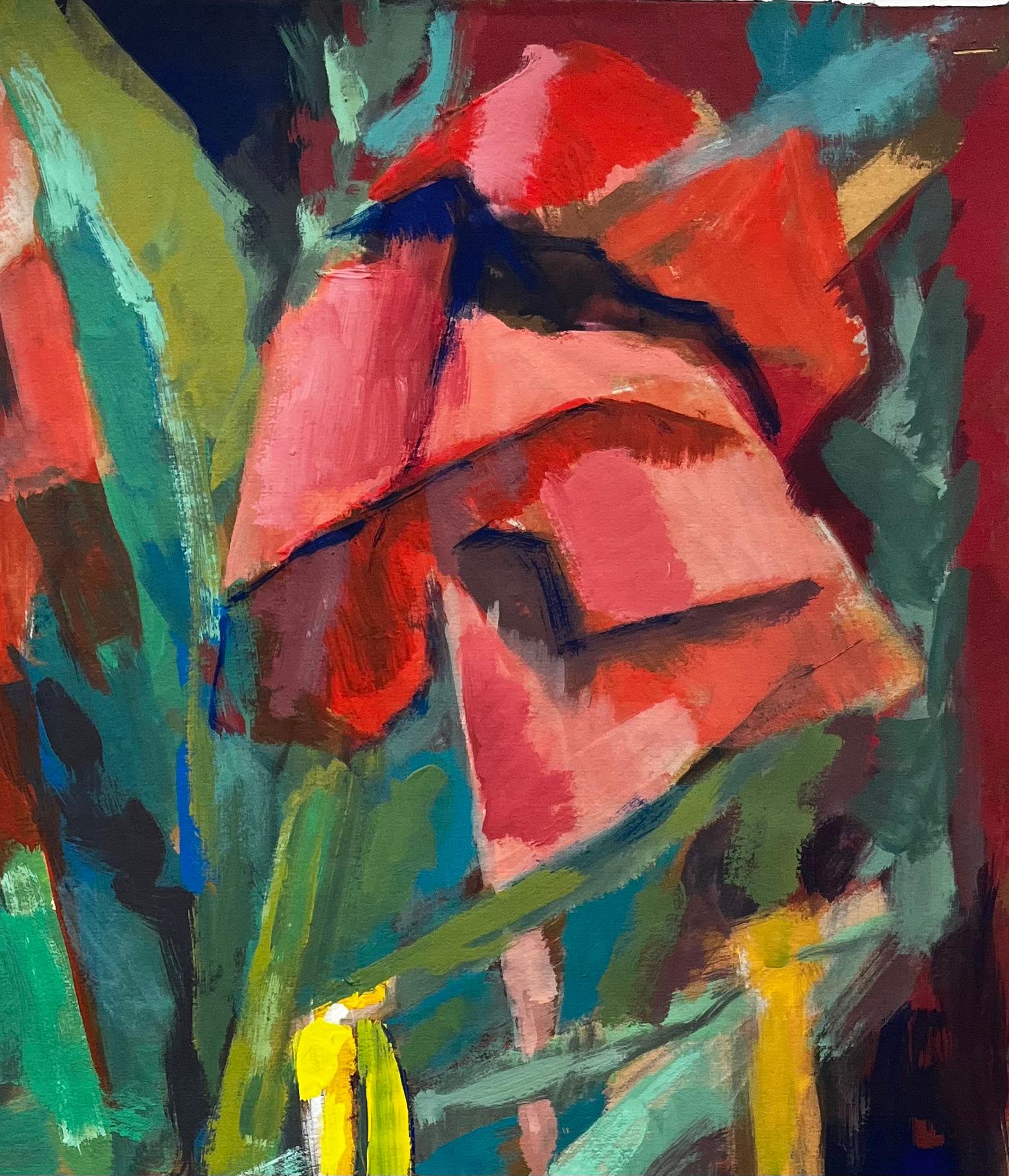 Abstrakte rote Blumen und Flaschen Stillleben Französisch Modernist Gouache (Schwarz), Abstract Painting, von Guy Nicod