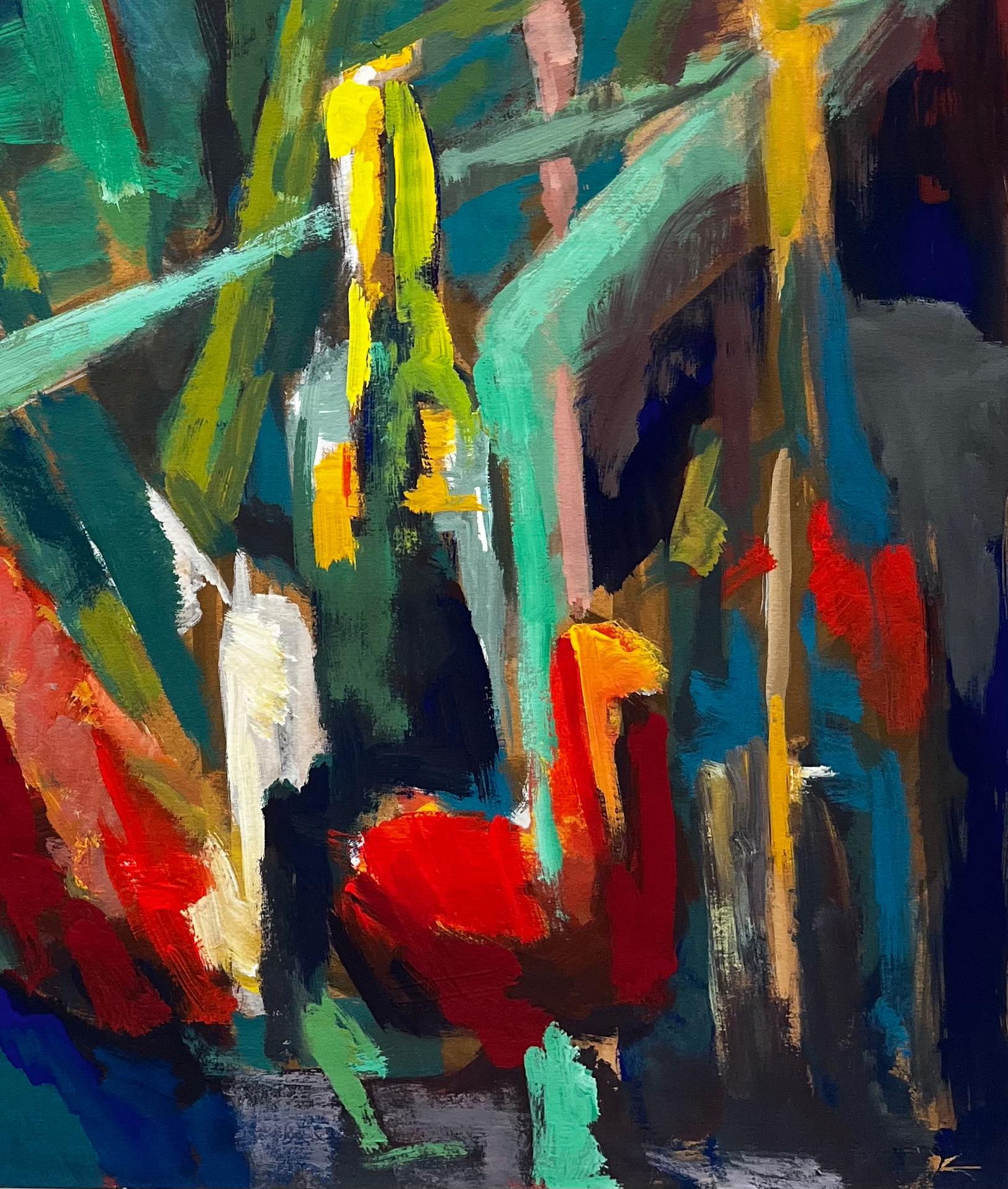 Titel: Abstrakte Rote Blumen und Flaschen Stillleben Französische Moderne Gouache
Guy Nicod (Französisch 1923 - 2021) 
Gouache auf Künstlerpapier, ungerahmt
Größe: 24,25 x 19,75 Zoll (Höhe x Breite)
Provenienz: Künstlernachlass, Frankreich
Zustand: