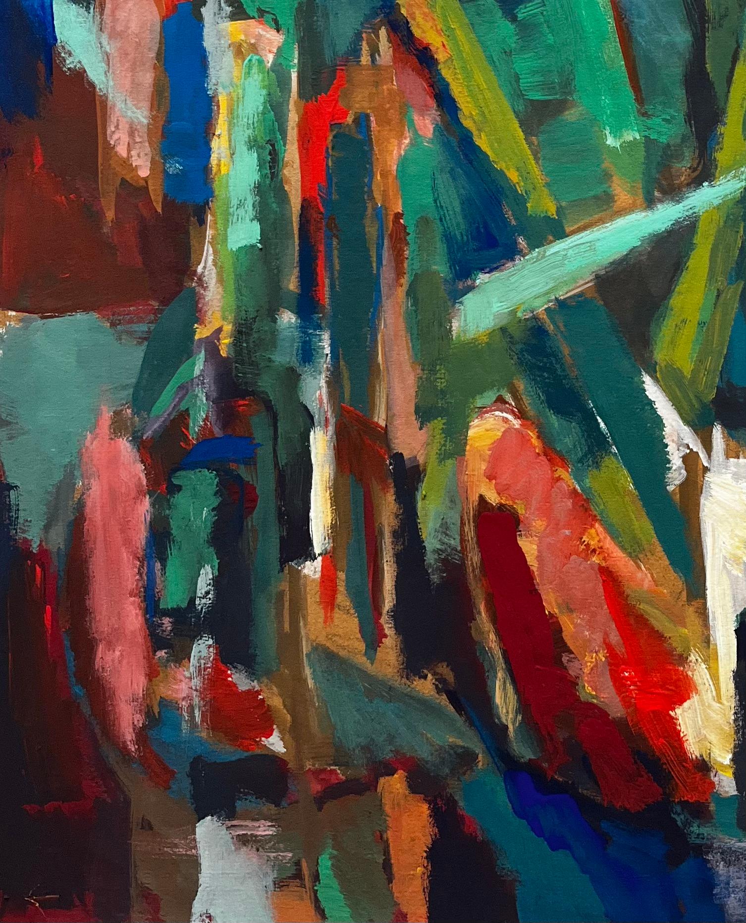 Abstrakte rote Blumen und Flaschen Stillleben Französisch Modernist Gouache im Angebot 1