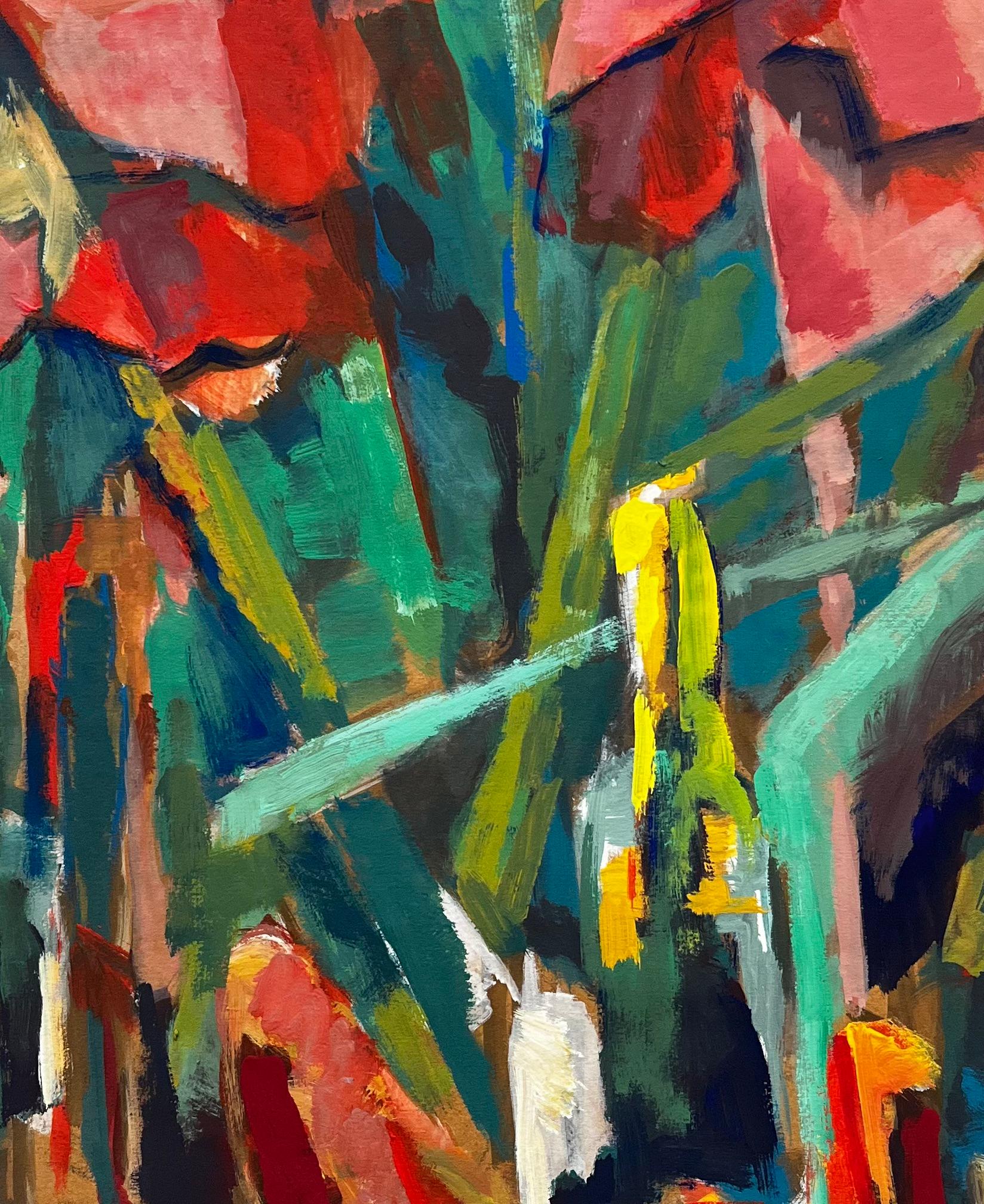 Abstrakte rote Blumen und Flaschen Stillleben Französisch Modernist Gouache im Angebot 2