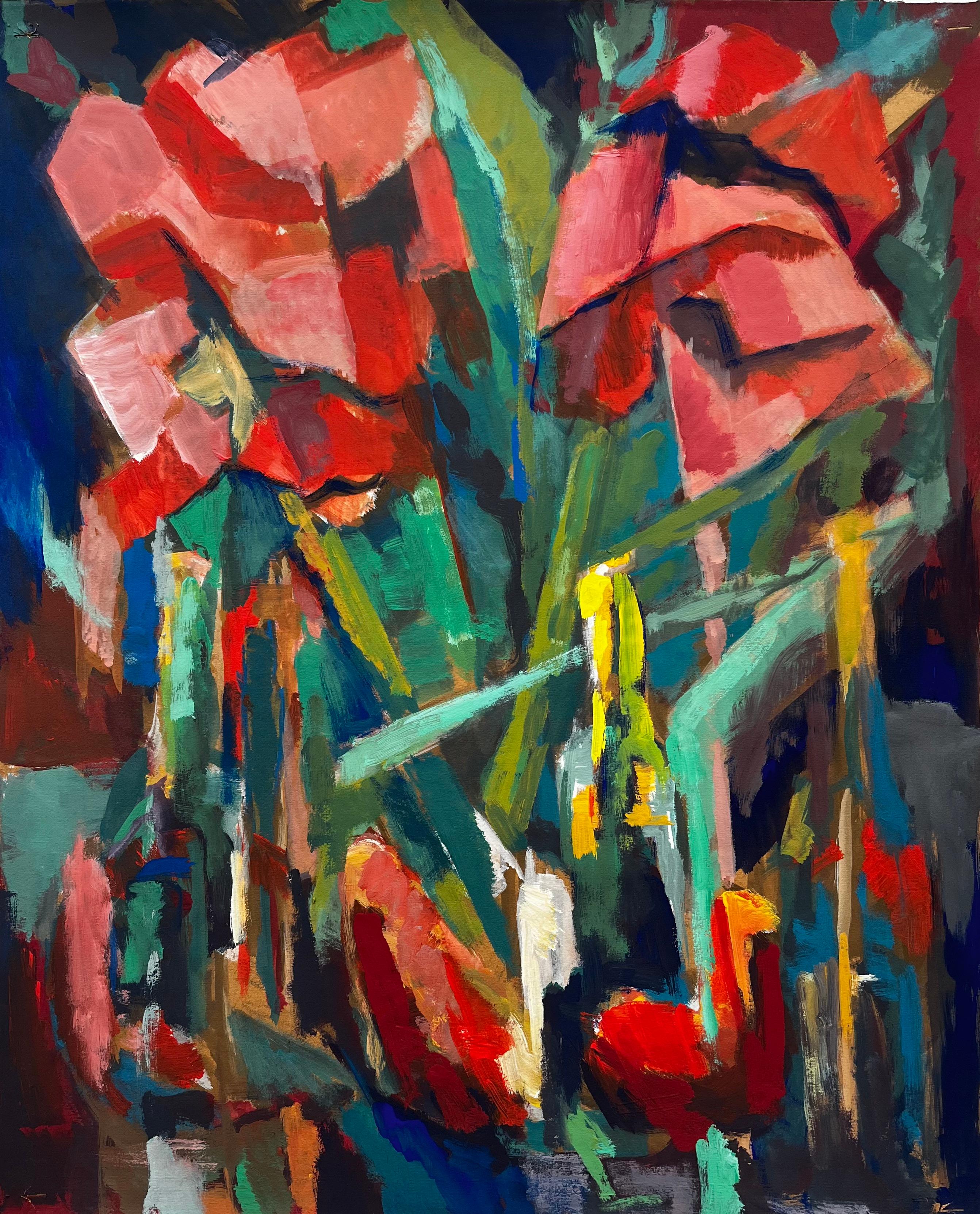 Abstrakte rote Blumen und Flaschen Stillleben Französisch Modernist Gouache