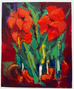 Abstract Red Flowers with Bottles and Fruit French Modernist Gouache