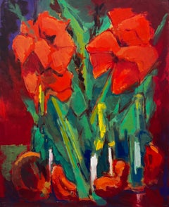 Abstract Red Flowers with Bottles and Fruit French Modernist Gouache
