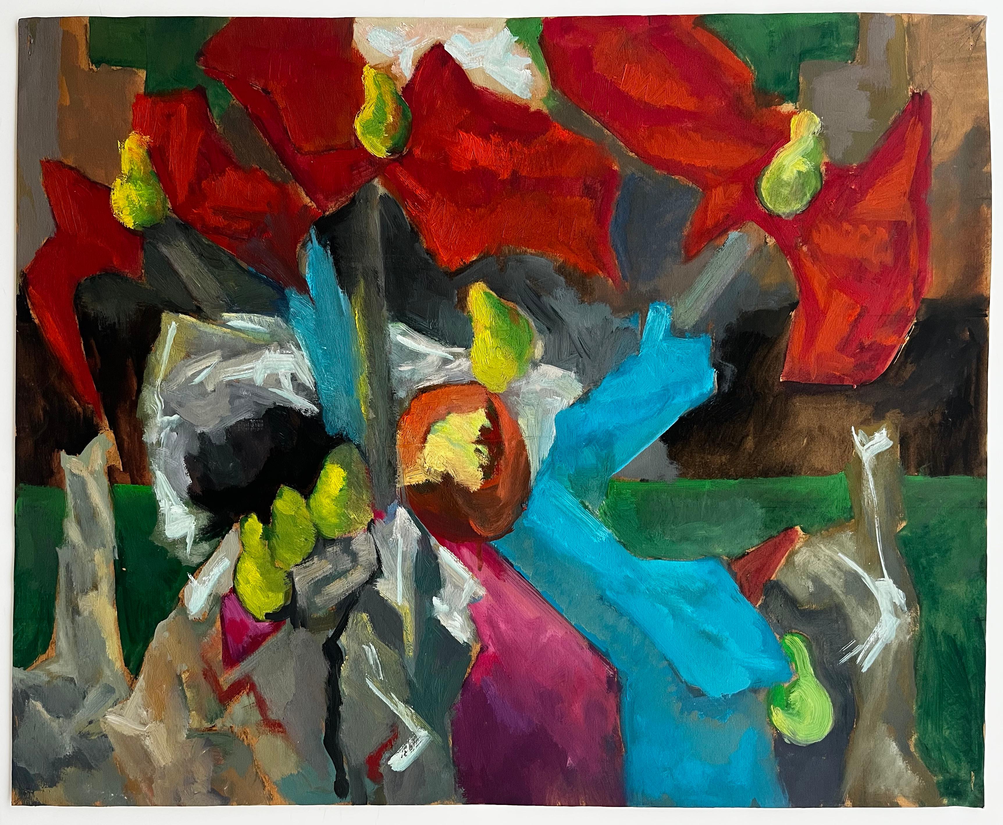 Abstract Red Flowers with Fruit and Draped Fabrics Modernist Gouache - Painting by Guy Nicod