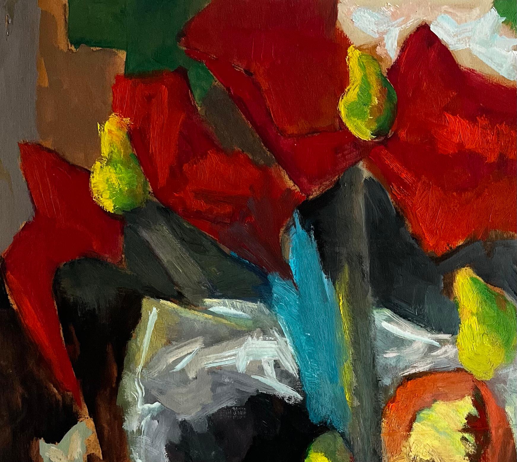 Abstract Red Flowers with Fruit and Draped Fabrics Modernist Gouache - Black Still-Life Painting by Guy Nicod