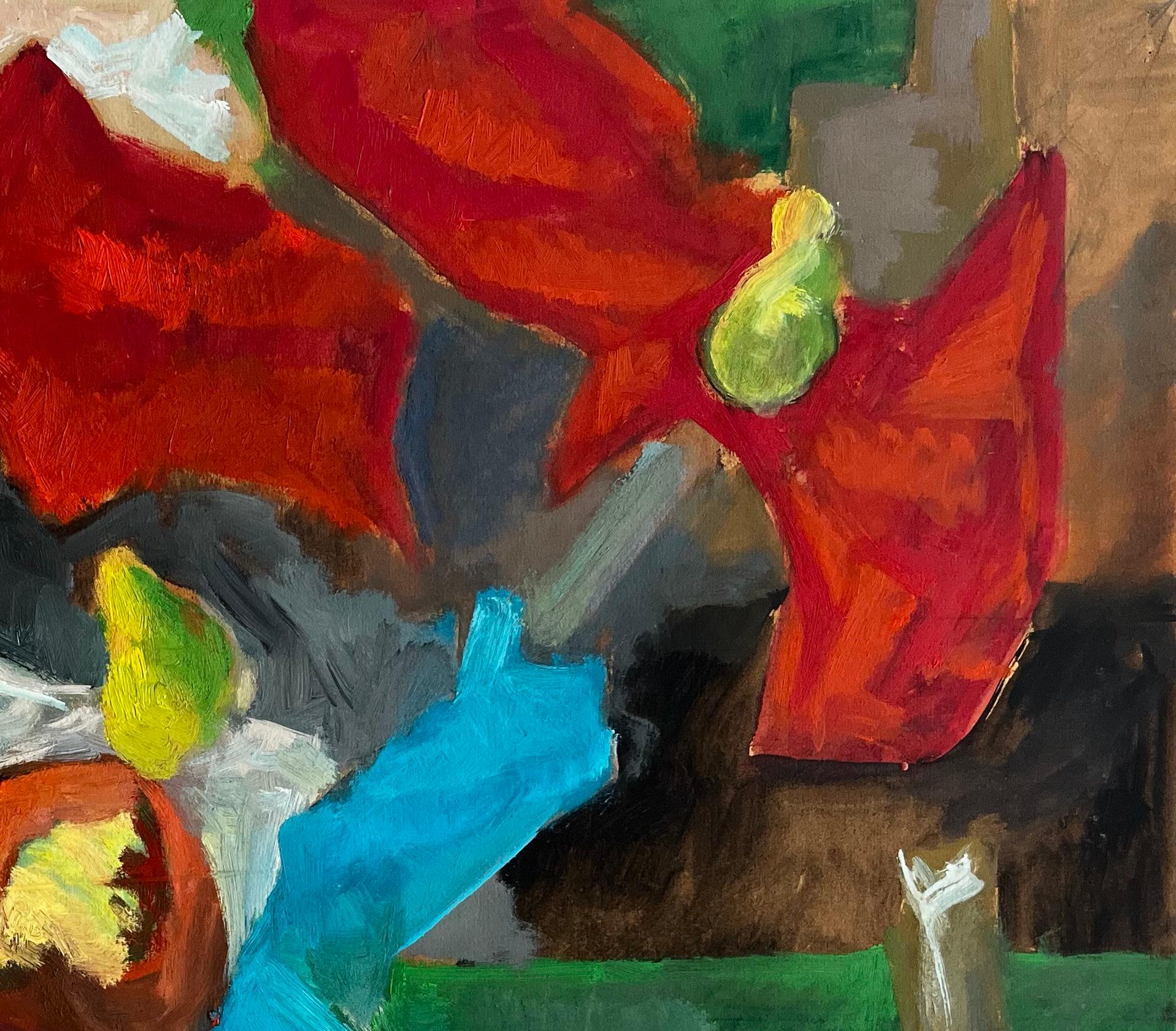 Title: Abstract Red Flowers with Fruit and Draped Fabrics Modernist Gouache
Guy Nicod (French 1923 - 2021) 
Gouache on artist paper, unframed
Size: 19.75 x 24.25 inches (height x width)
Provenance: Artists estate, France
Condition: Good overall with