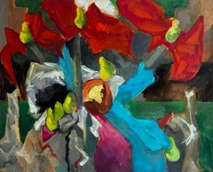 Abstrakte rote Blumen mit Früchten und drapierten Stoffen Modernist Gouache