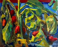 Abstract Red Fruit and Green Foliage Large French Modernist Still Life Painting