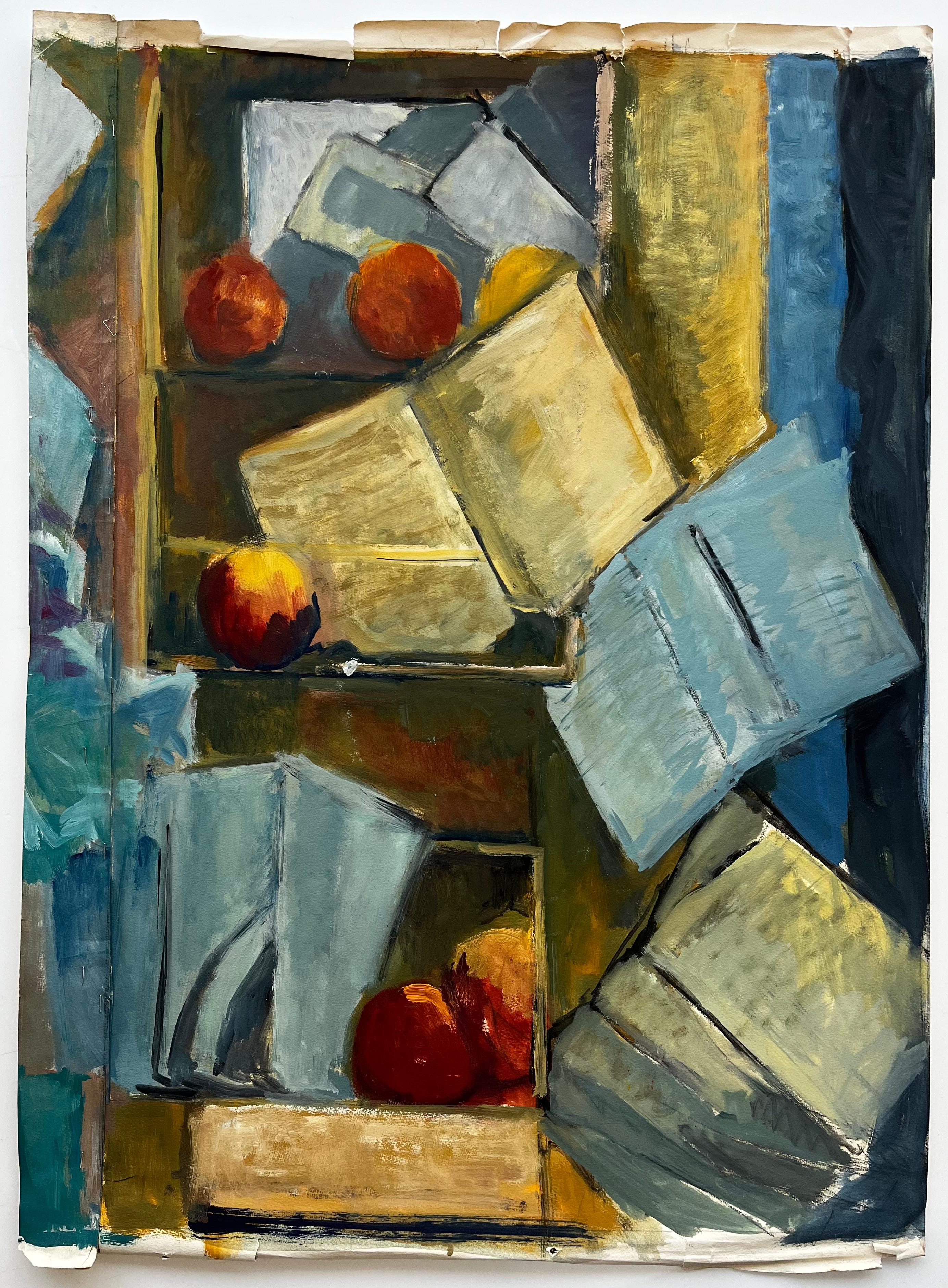 Abstraktes Stilleben mit Büchern, Papieren und Äpfeln Französische Gouache der Moderne – Painting von Guy Nicod