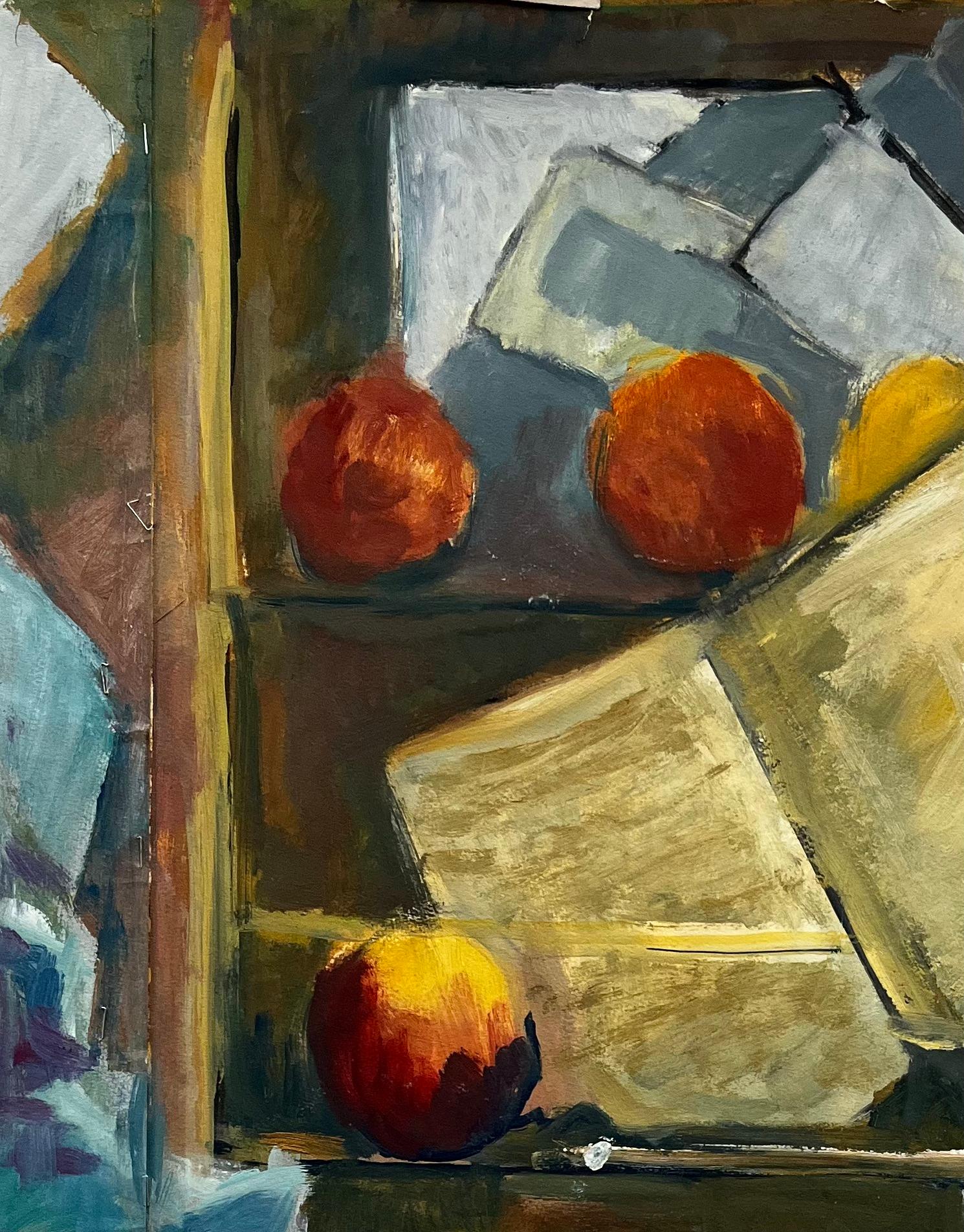 Abstraktes Stilleben mit Büchern, Papieren und Äpfeln Französische Gouache der Moderne (Grau), Abstract Painting, von Guy Nicod