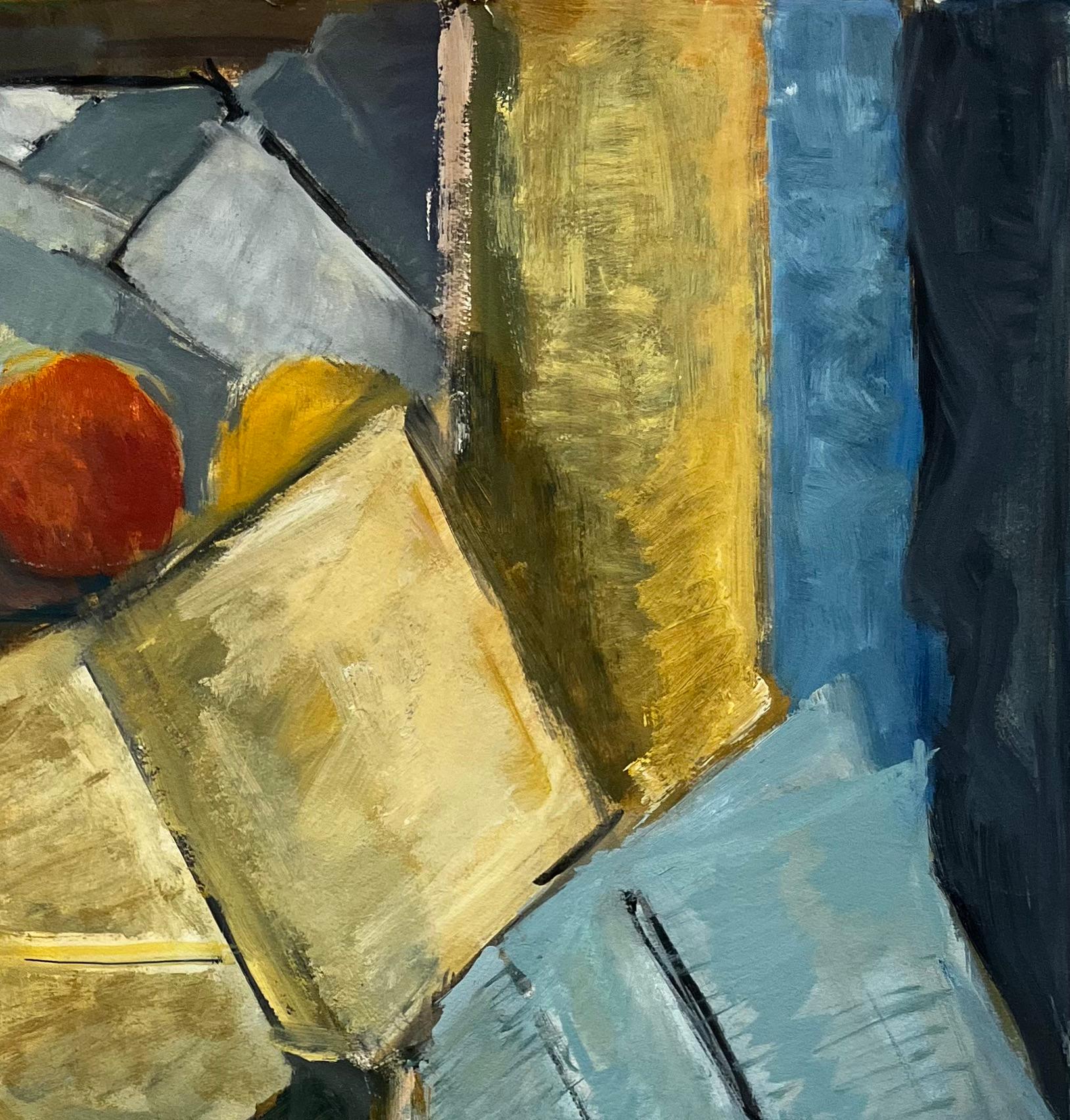 Titel: Abstraktes Stilleben mit Büchern, Papieren und Äpfeln Französische Moderne Gouache
Guy Nicod (Französisch 1923 - 2021) 
Gouache auf Künstlerpapier, ungerahmt
Größe: 27,75 x 19,5 Zoll (Höhe x Breite)
Provenienz: Künstlernachlass,