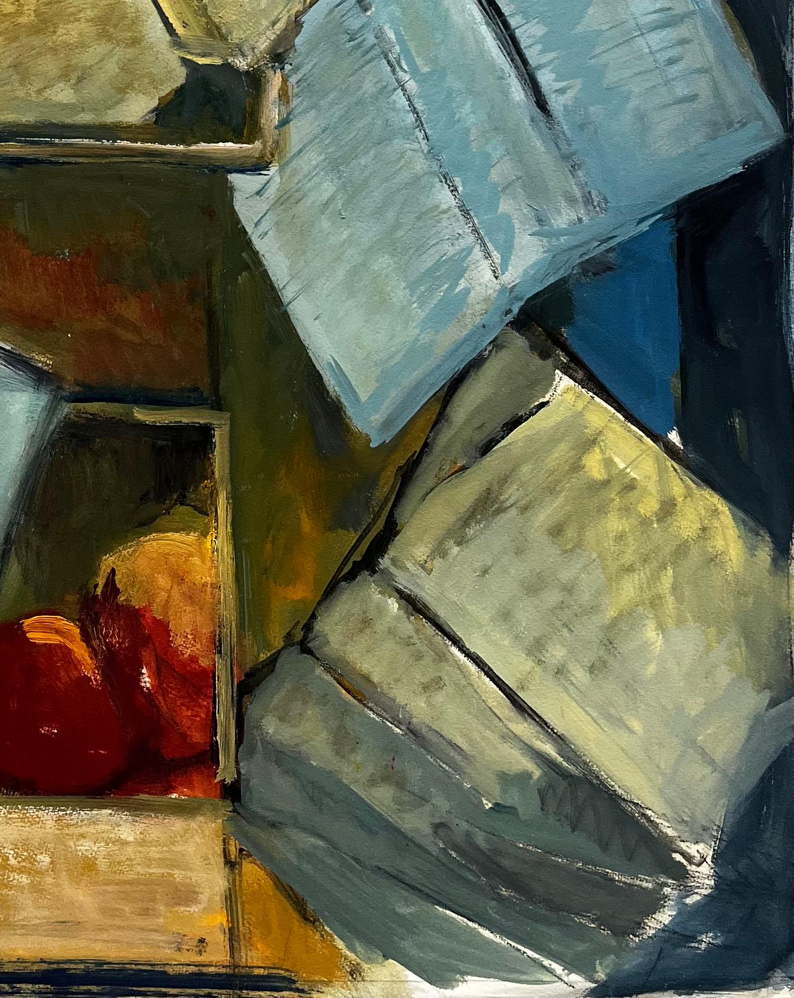 Abstraktes Stilleben mit Büchern, Papieren und Äpfeln Französische Gouache der Moderne im Angebot 1