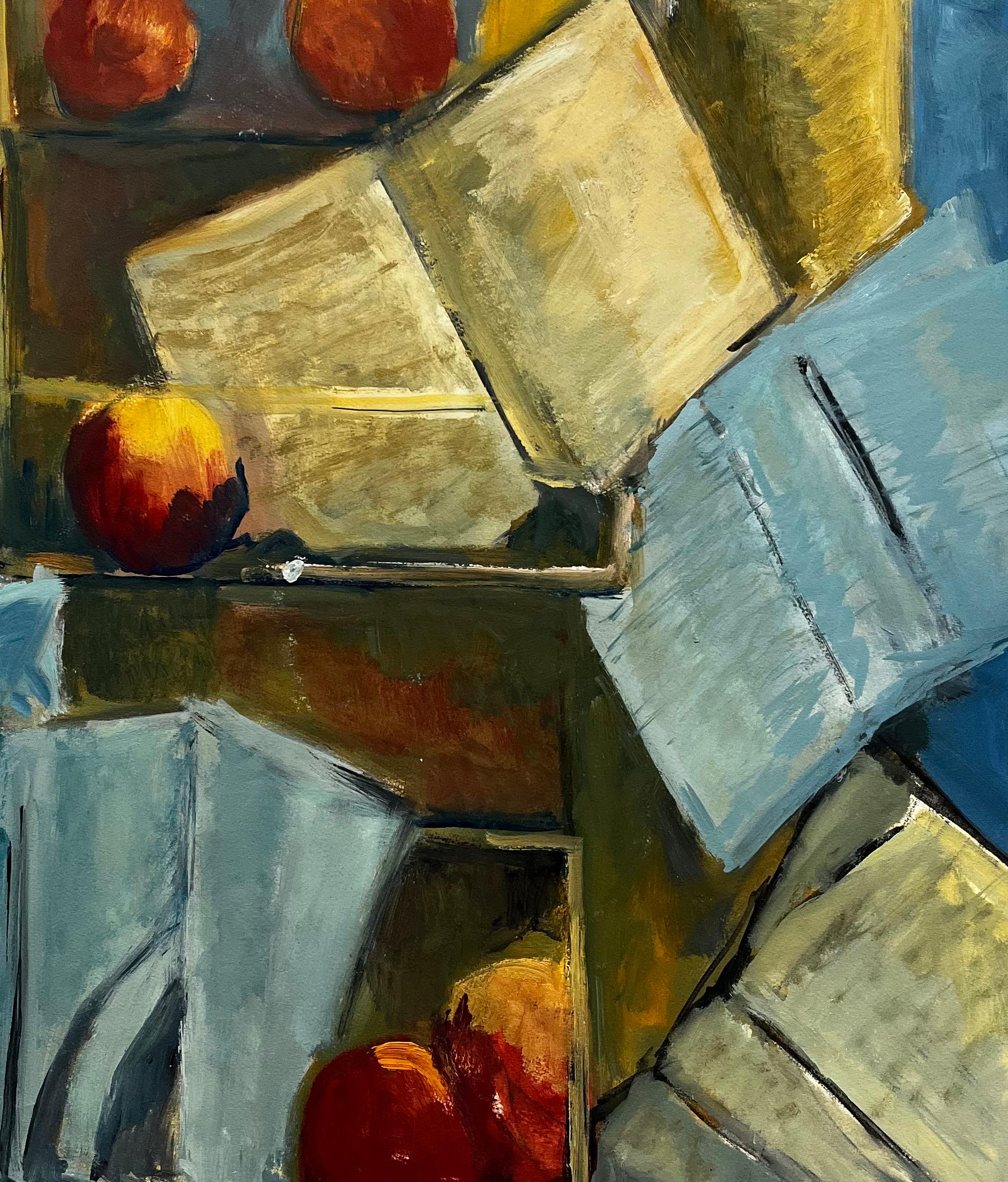 Abstraktes Stilleben mit Büchern, Papieren und Äpfeln Französische Gouache der Moderne im Angebot 3