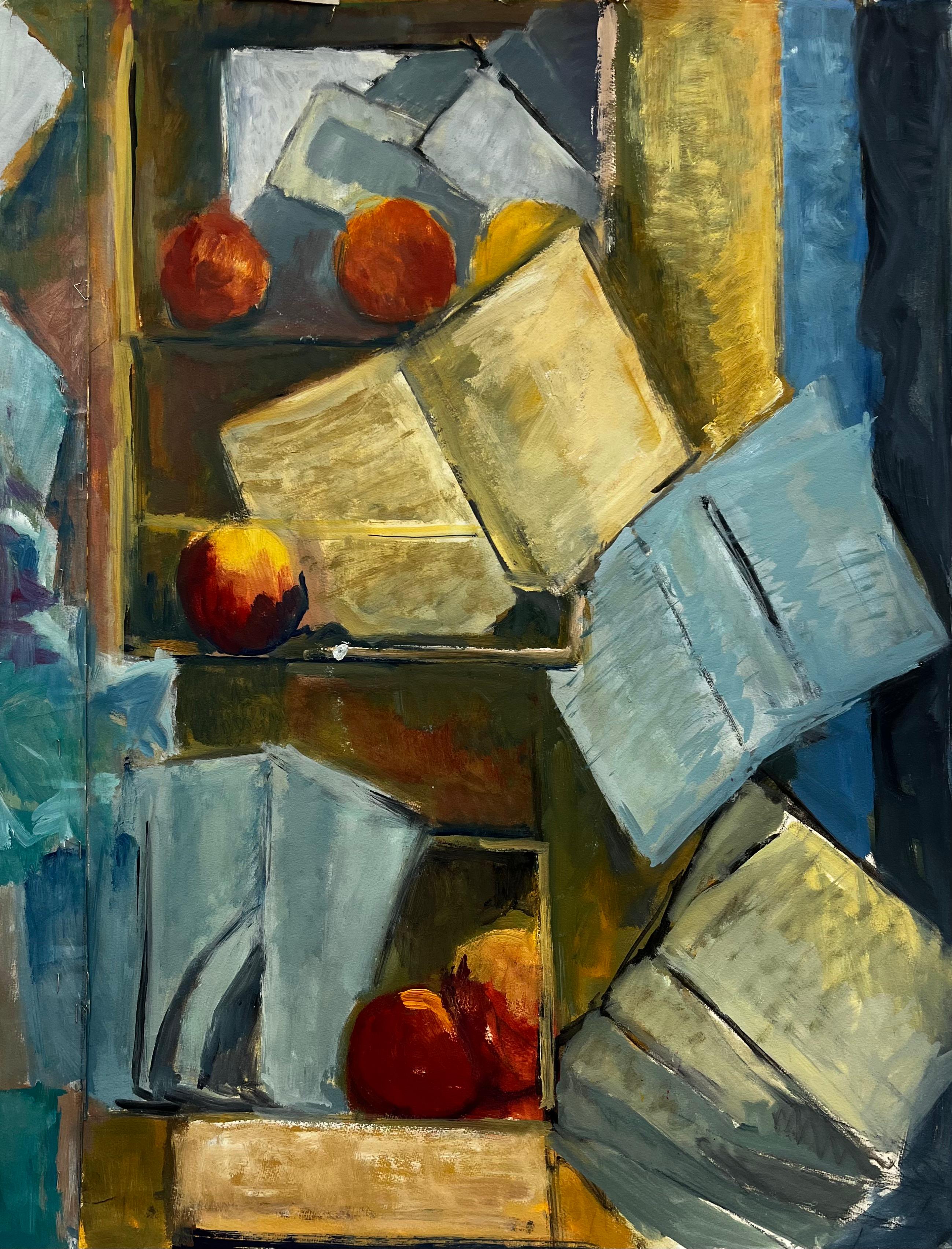 Abstract Still Life with Books Papers and Apples French Modernist Gouache