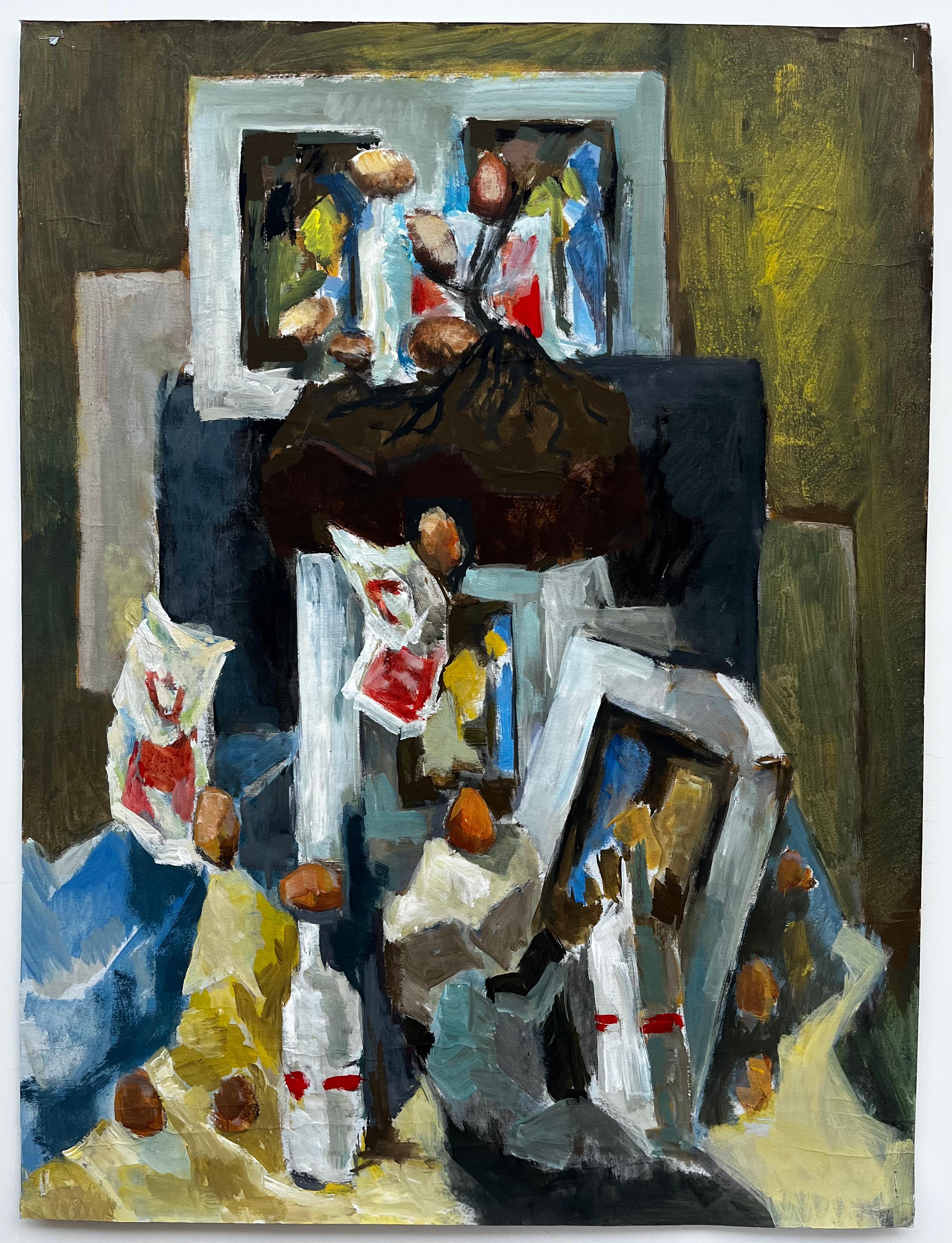 Abstract Still Life with Bottles Nuts and Frames French Modernist Gouache - Painting by Guy Nicod