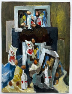 Abstract Still Life with Bottles Nuts and Frames French Modernist Gouache