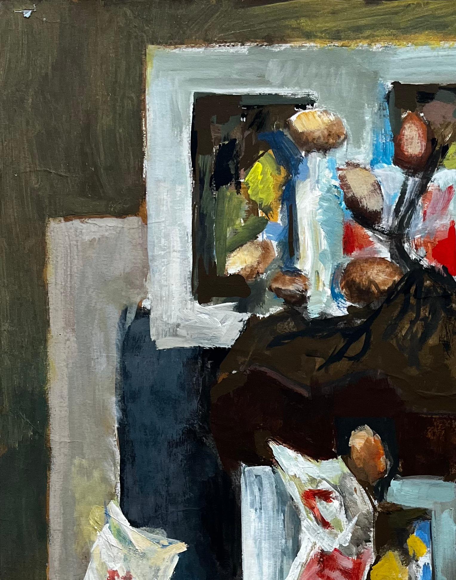 Abstract Still Life with Bottles Nuts and Frames French Modernist Gouache - Black Still-Life Painting by Guy Nicod