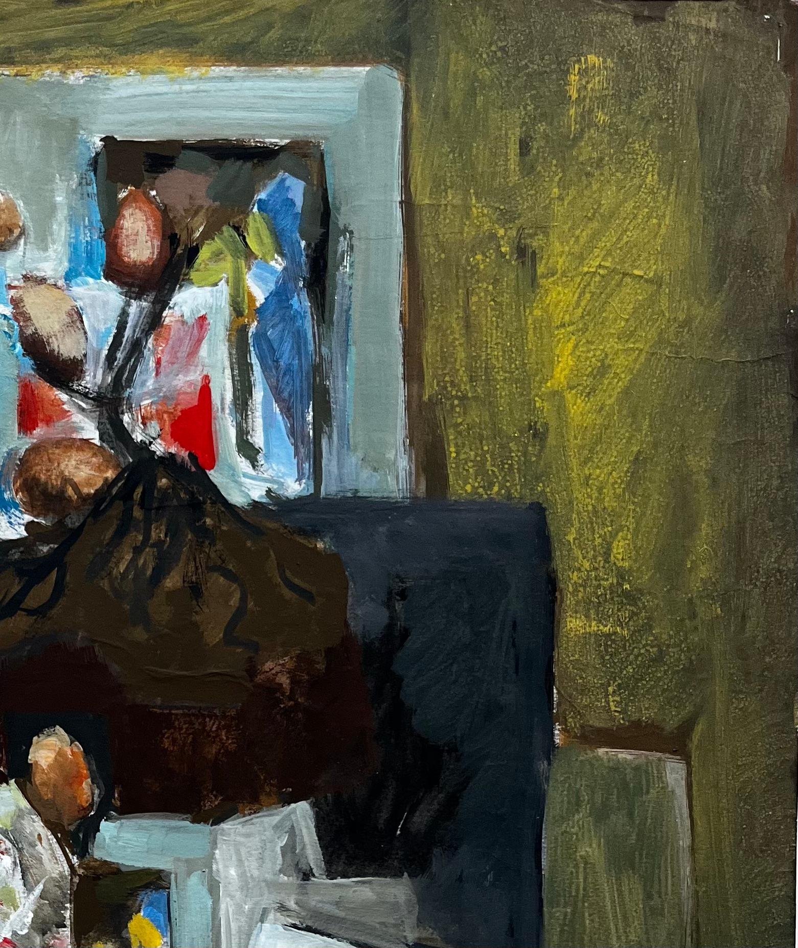 Title: Abstract Still Life with Bottles Nuts and Frames French Modernist Gouache
Guy Nicod (French 1923 - 2021) 
Gouache on artist paper, unframed
Size: 24 x 18 inches (height x width)
Provenance: Artists estate, France
Condition: Good overall with