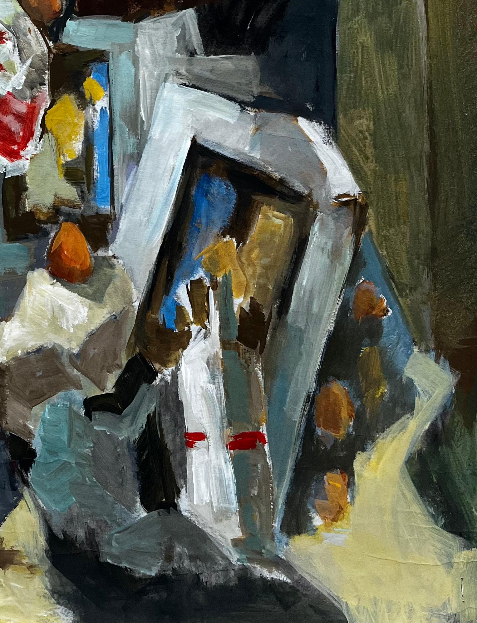 Abstract Still Life with Bottles Nuts and Frames French Modernist Gouache For Sale 1