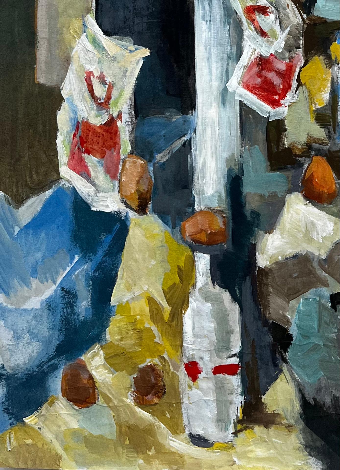 Abstract Still Life with Bottles Nuts and Frames French Modernist Gouache For Sale 4