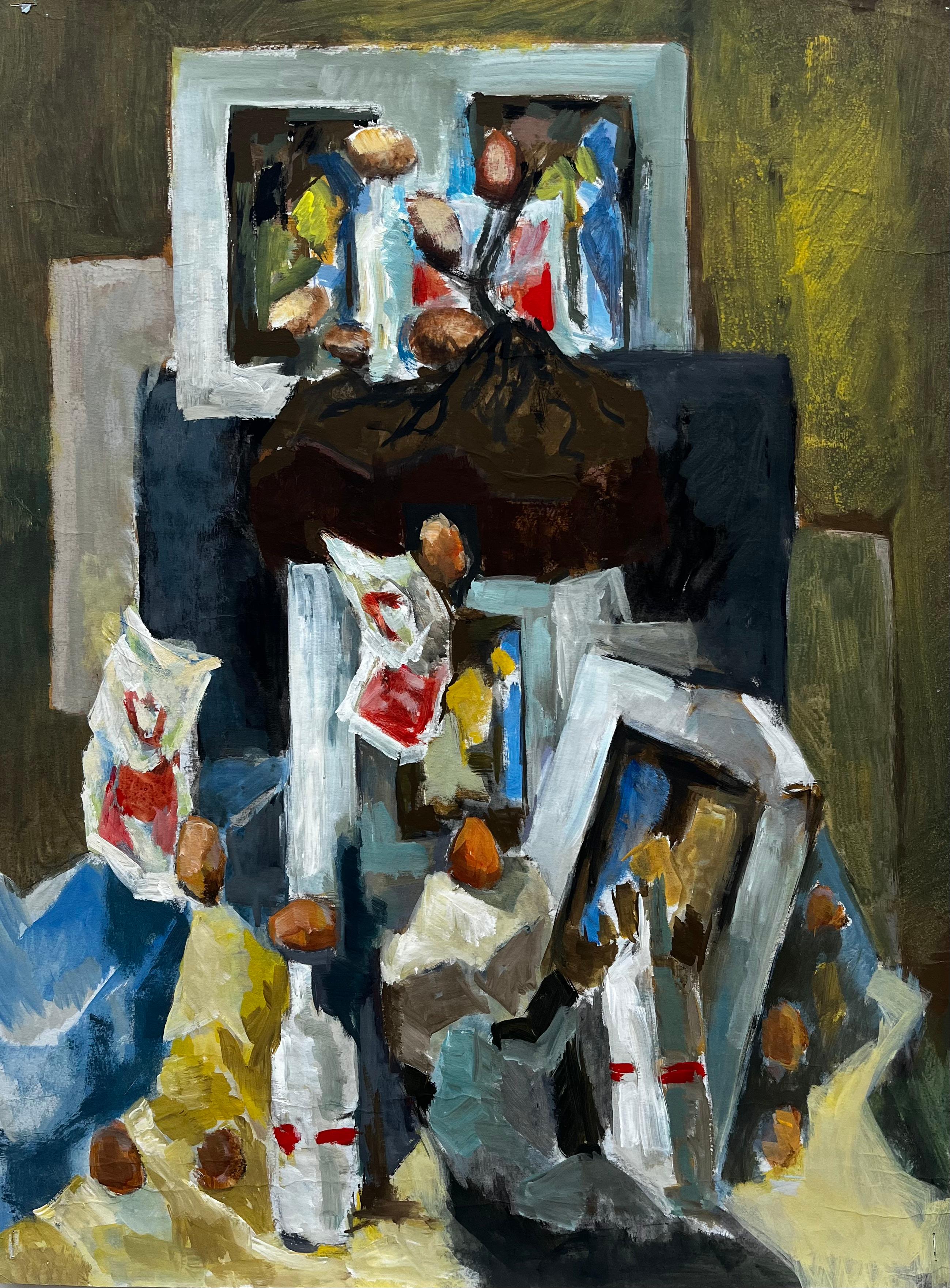 Abstraktes Stilleben mit Flaschen, Nüssen und Rahmen Gouache der französischen Moderne