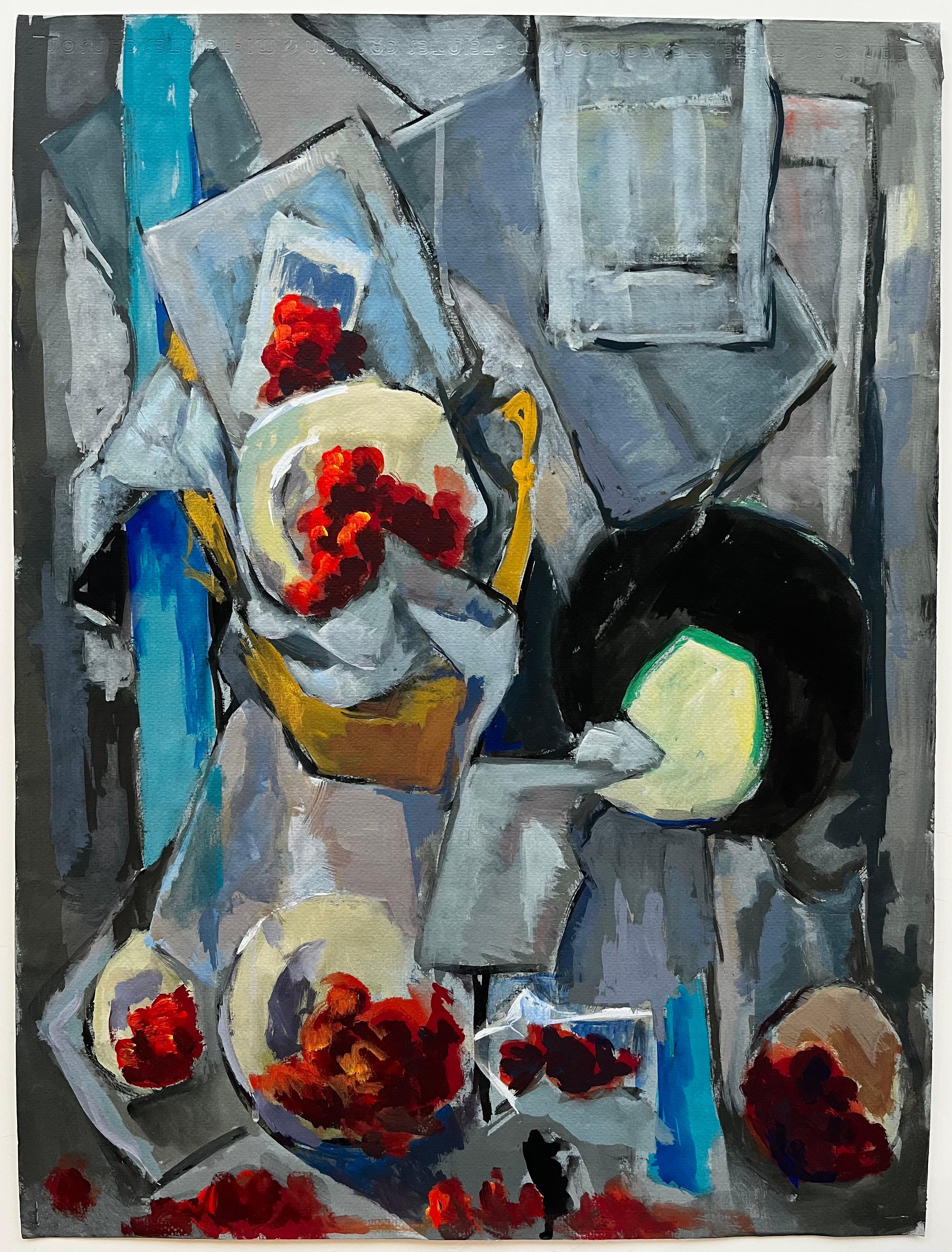 Abstract Still Life with Bowls Plates Red Grapes and Jug Modernist Gouache - Painting by Guy Nicod