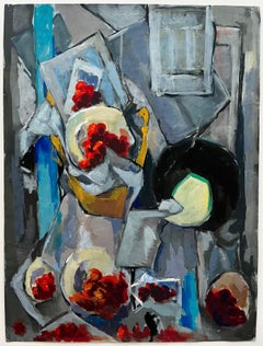 Abstract Still Life with Bowls Plates Red Grapes and Jug Modernist Gouache