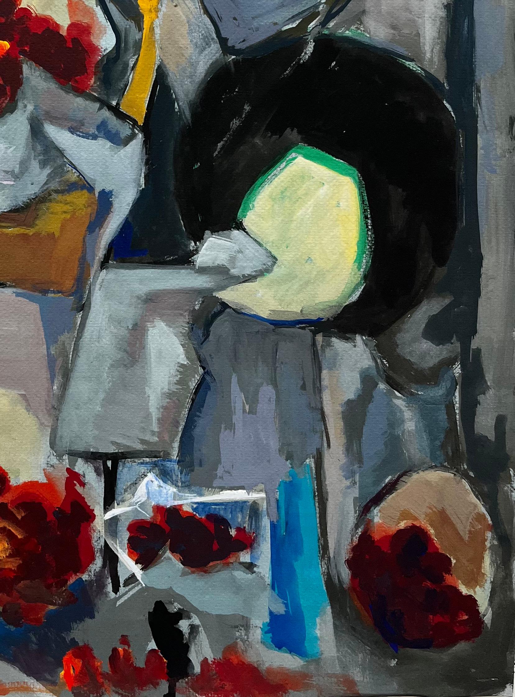 Abstract Still Life with Bowls Plates Red Grapes and Jug Modernist Gouache - Gray Abstract Painting by Guy Nicod