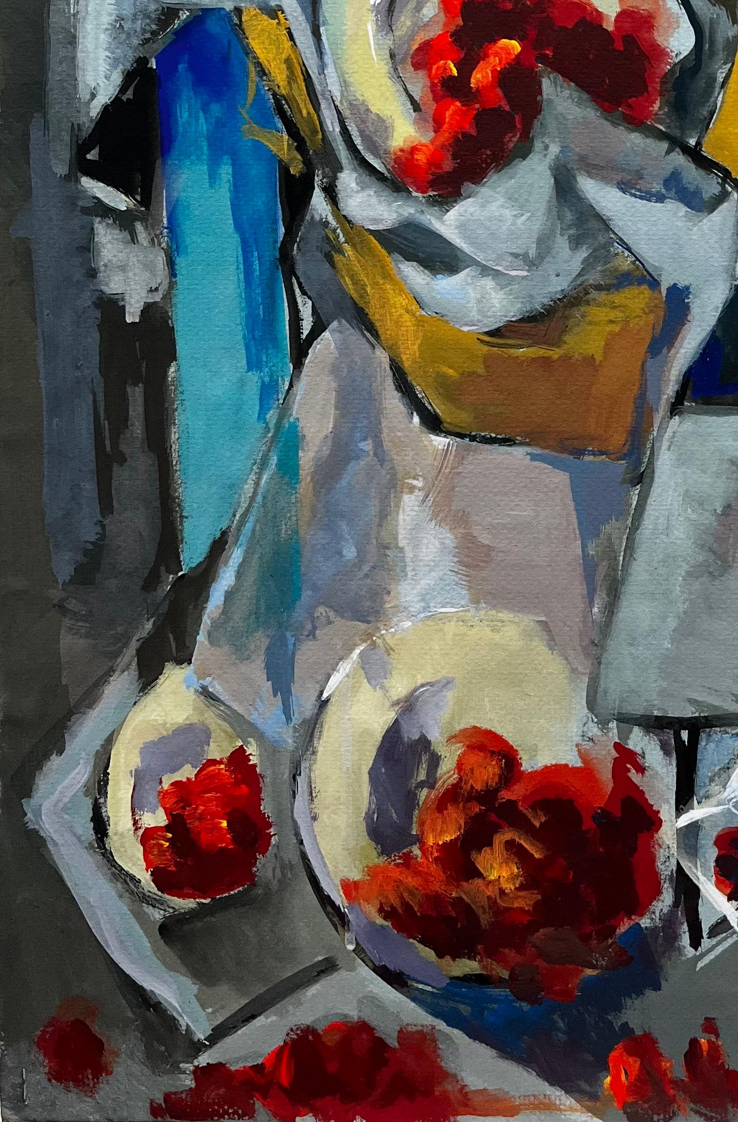 Title: Abstract Still Life with Bowls Plates Red Grapes and Jug Modernist Gouache
Guy Nicod (French 1923 - 2021) 
Gouache on artist paper, unframed
Size: 24 x 18 inches (height x width)
Provenance: Artists estate, France
Condition: Good overall with