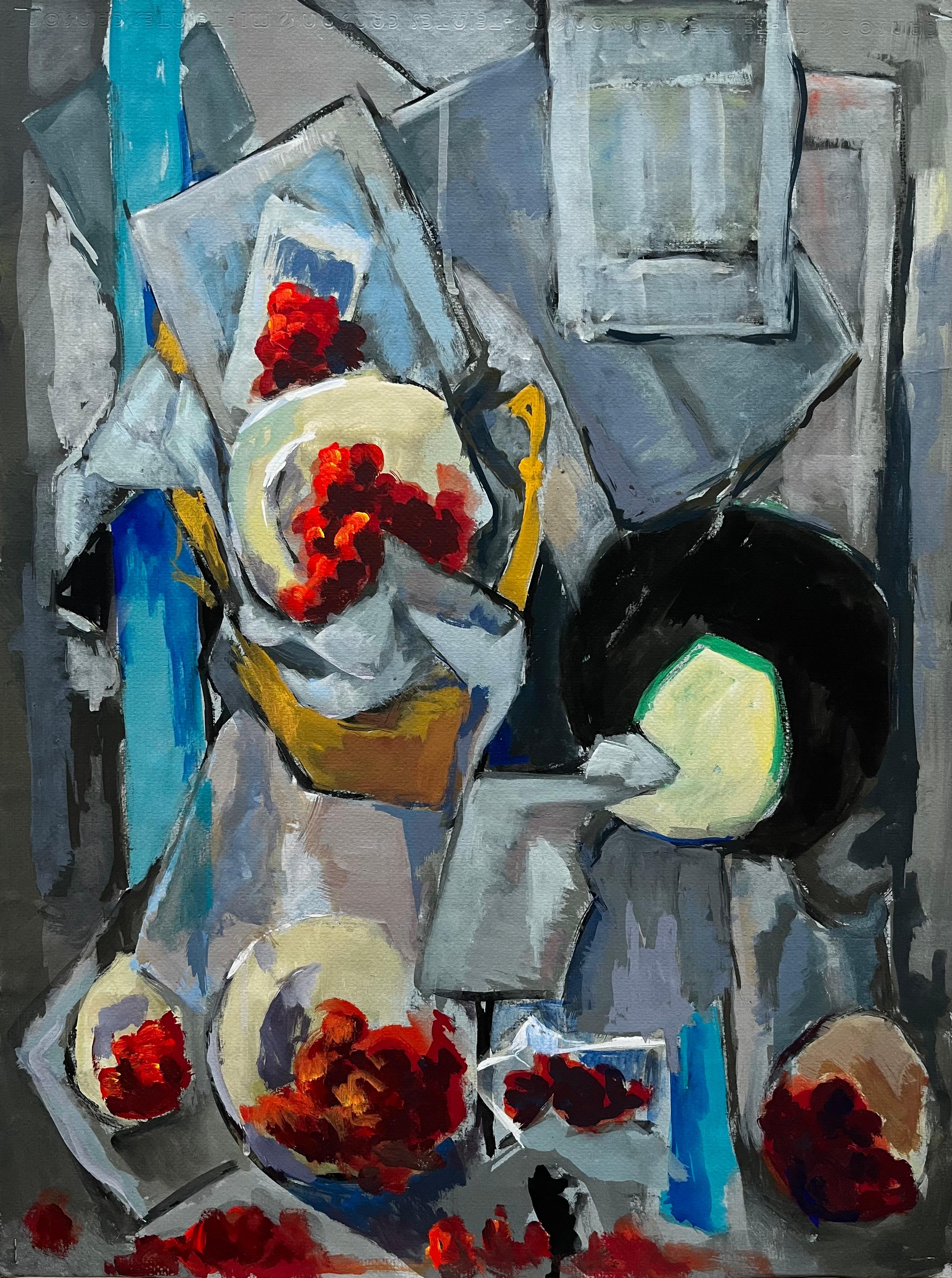 Abstraktes Stilleben mit Schalen Tellern roten Trauben und Krug Modernist Gouache