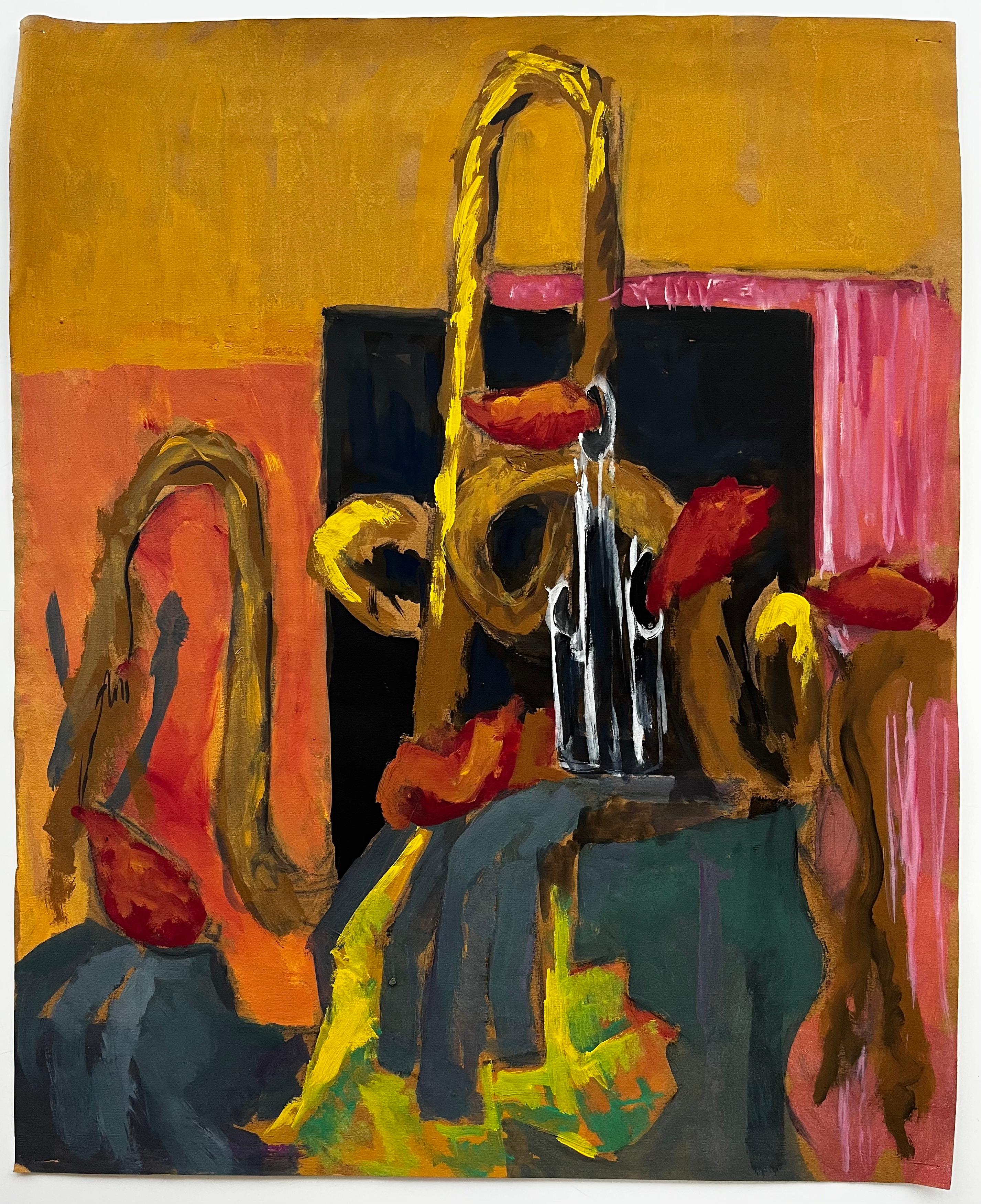 Abstract Still Life with Brass Musical Instruments Modernist Gouache - Painting by Guy Nicod