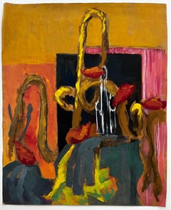 Abstract Still Life with Brass Musical Instruments Modernist Gouache