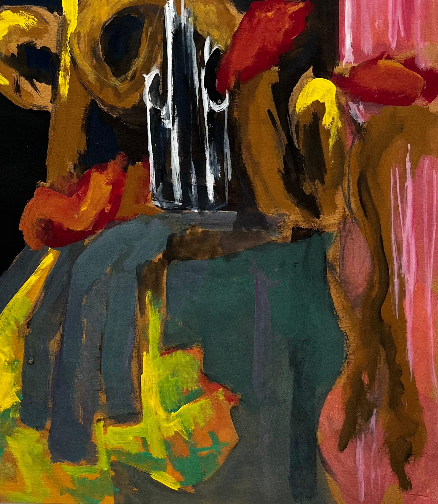 Abstract Still Life with Brass Musical Instruments Modernist Gouache - Brown Abstract Painting by Guy Nicod