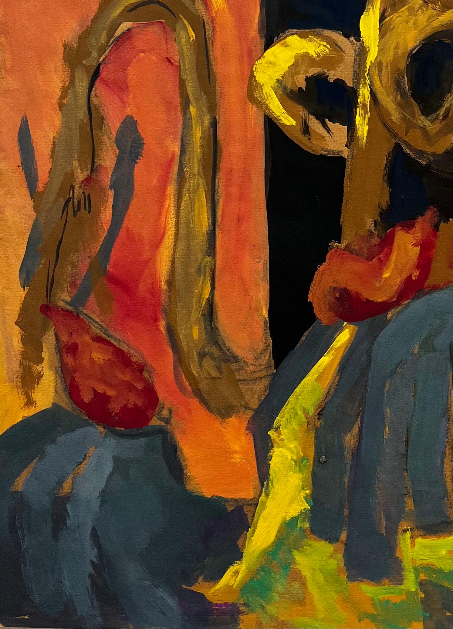 Title: Abstract Still Life with Brass Musical Instruments Modernist Gouache
Guy Nicod (French 1923 - 2021) 
Gouache on artist paper, unframed
Size: 24 x 19.5 inches (height x width)
Provenance: Artists estate, France
Condition: Good overall with