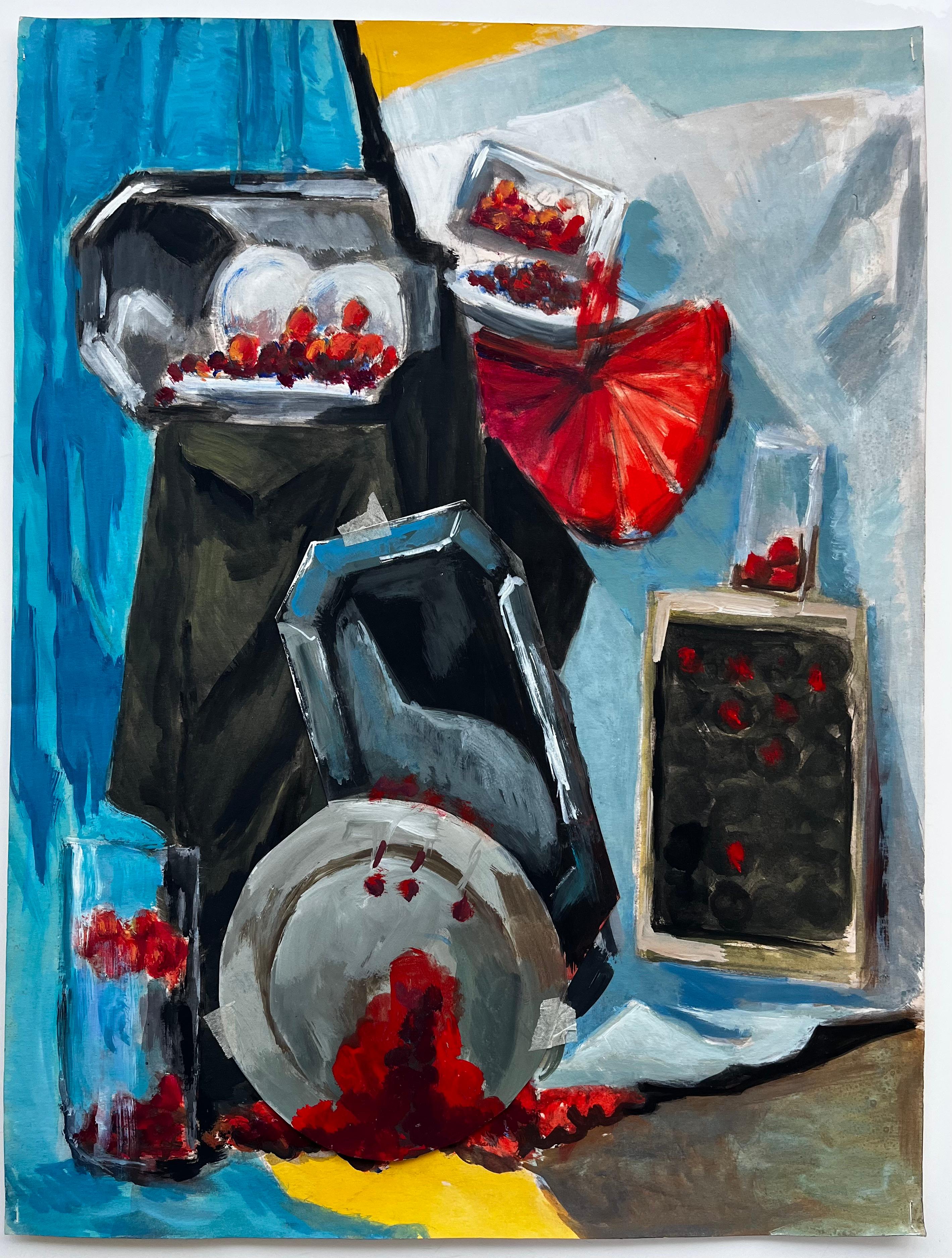 Abstraktes Stillleben mit Kirschen Silbertabletts und Beerenbehältern Gouache – Painting von Guy Nicod