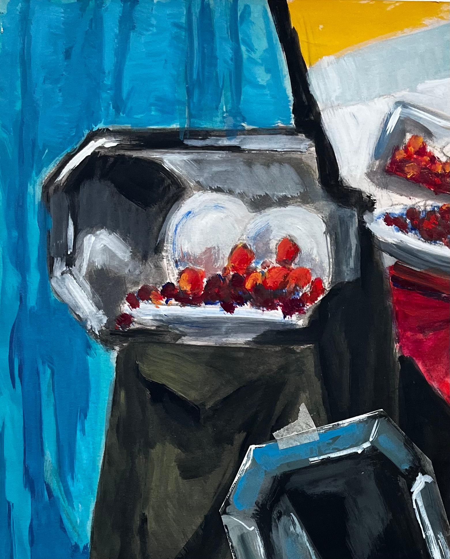 Abstraktes Stillleben mit Kirschen Silbertabletts und Beerenbehältern Gouache (Moderne), Painting, von Guy Nicod