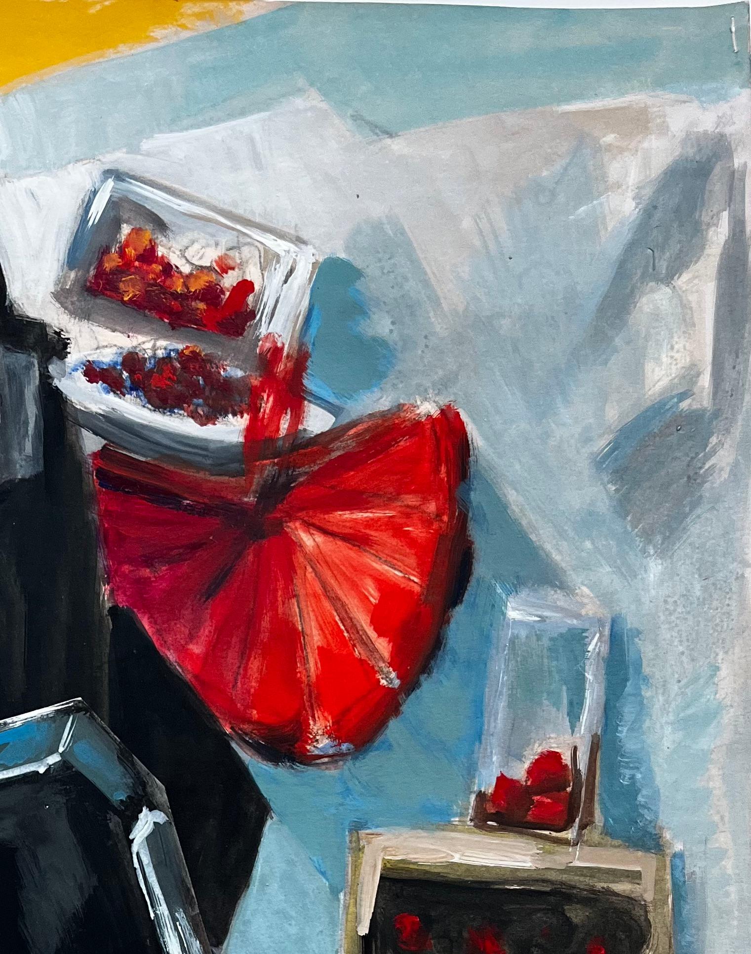 Abstraktes Stillleben mit Kirschen Silbertabletts und Beerenbehältern Gouache (Blau), Abstract Painting, von Guy Nicod