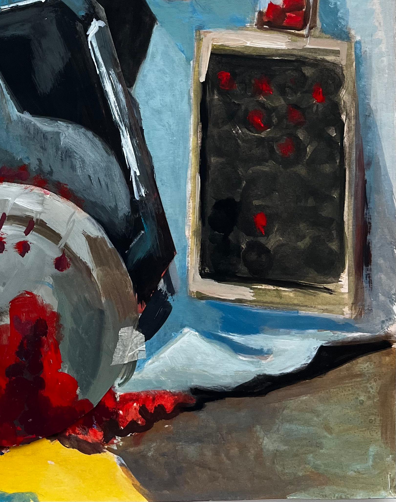 Titel: Abstraktes Stillleben mit Kirschen Silbertablett und Beerengefäßen Gouache
Guy Nicod (Französisch 1923 - 2021) 
Gouache auf Künstlerpapier, ungerahmt
Größe: 24 x 18,25 Zoll (Höhe x Breite)
Provenienz: Künstlernachlass, Frankreich
Zustand: