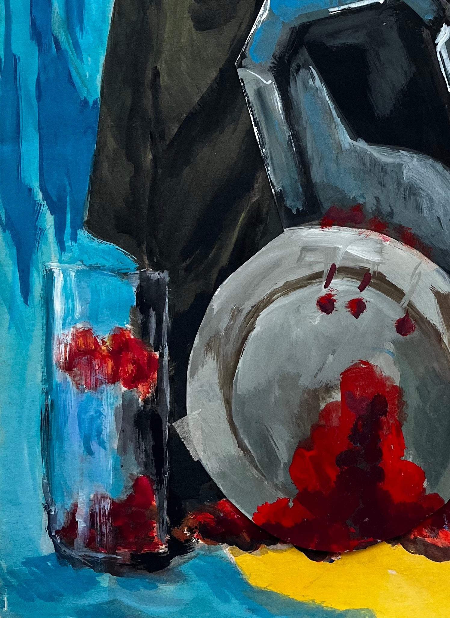 Abstraktes Stillleben mit Kirschen Silbertabletts und Beerenbehältern Gouache im Angebot 1