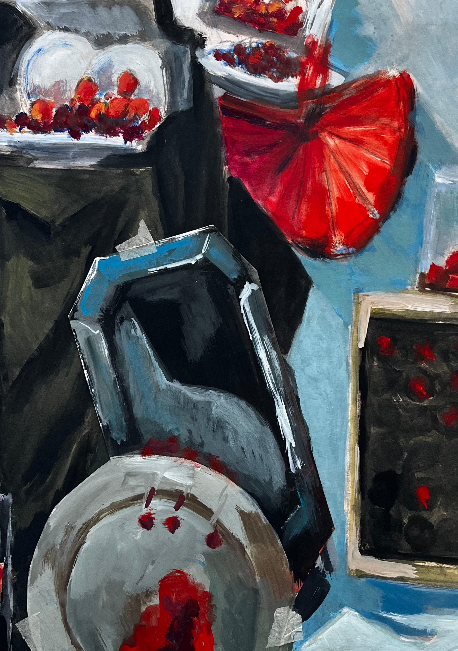 Abstraktes Stillleben mit Kirschen Silbertabletts und Beerenbehältern Gouache im Angebot 2