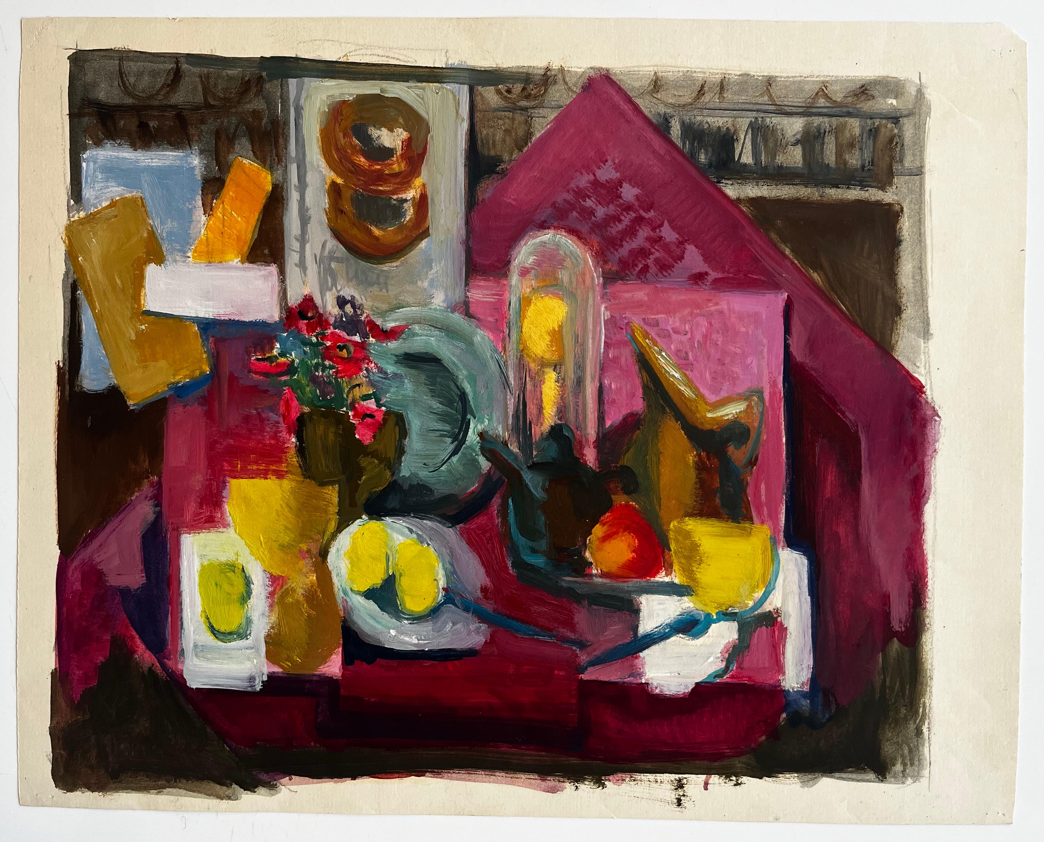Abstraktes Stillleben mit Blumen Zitronen Krug Tasse und Cloche Modernist Gouache – Painting von Guy Nicod