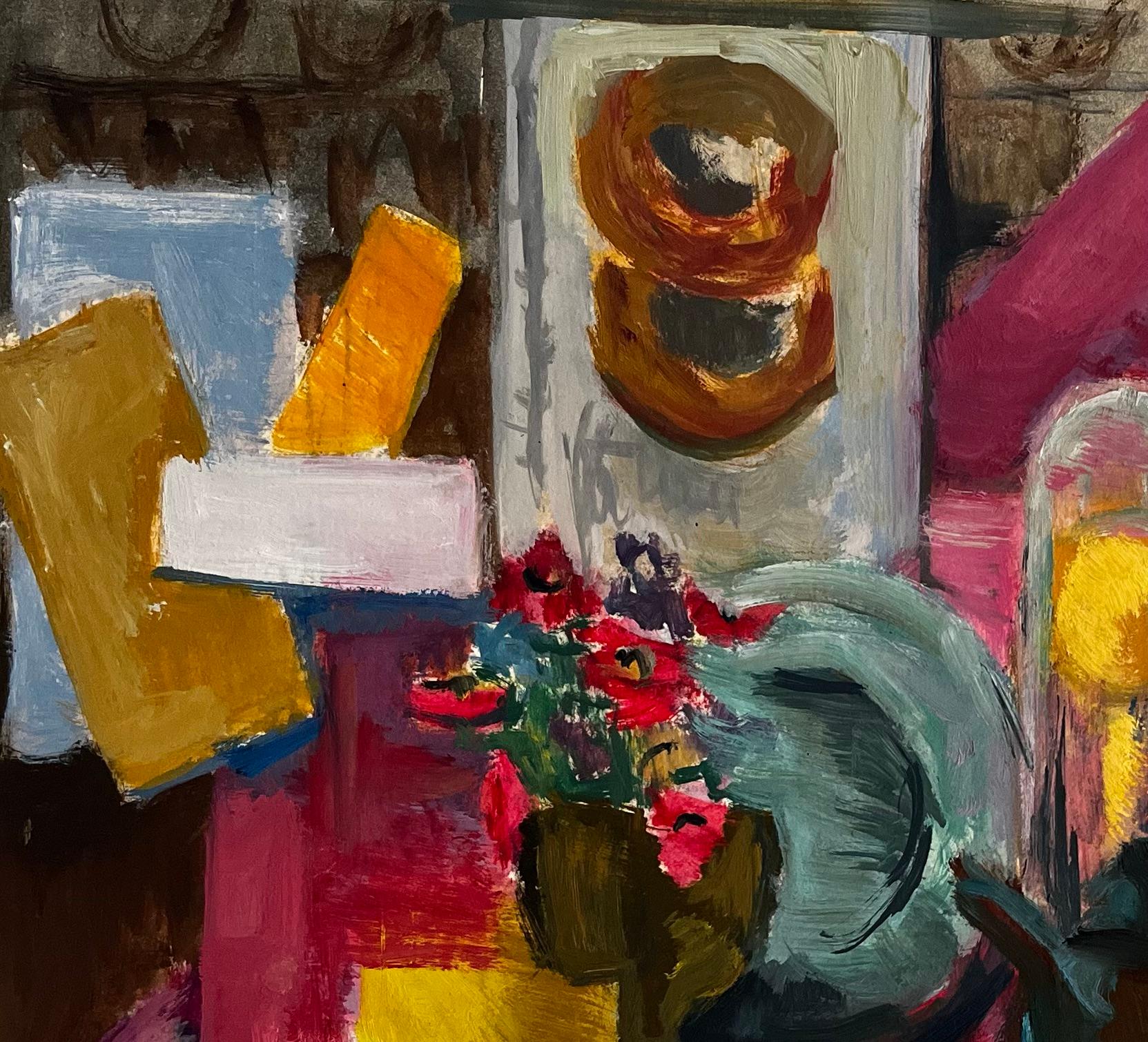 Abstraktes Stillleben mit Blumen Zitronen Krug Tasse und Cloche Modernist Gouache (Moderne), Painting, von Guy Nicod