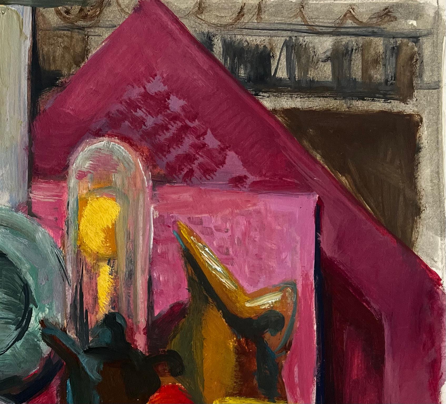 Abstraktes Stillleben mit Blumen Zitronen Krug Tasse und Cloche Modernist Gouache (Braun), Still-Life Painting, von Guy Nicod