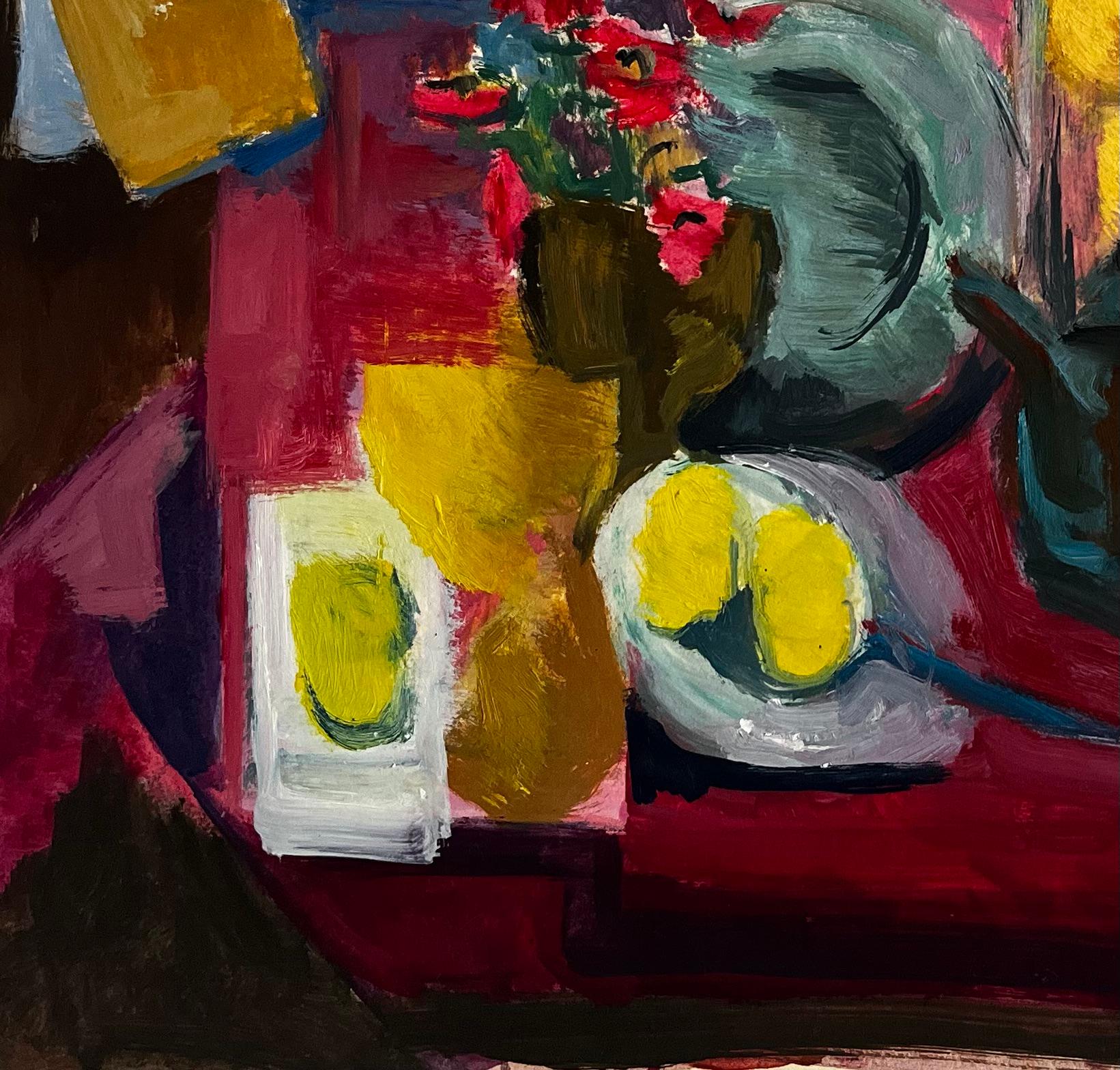 Abstraktes Stillleben mit Blumen Zitronen Krug Tasse und Cloche Modernist Gouache im Angebot 2