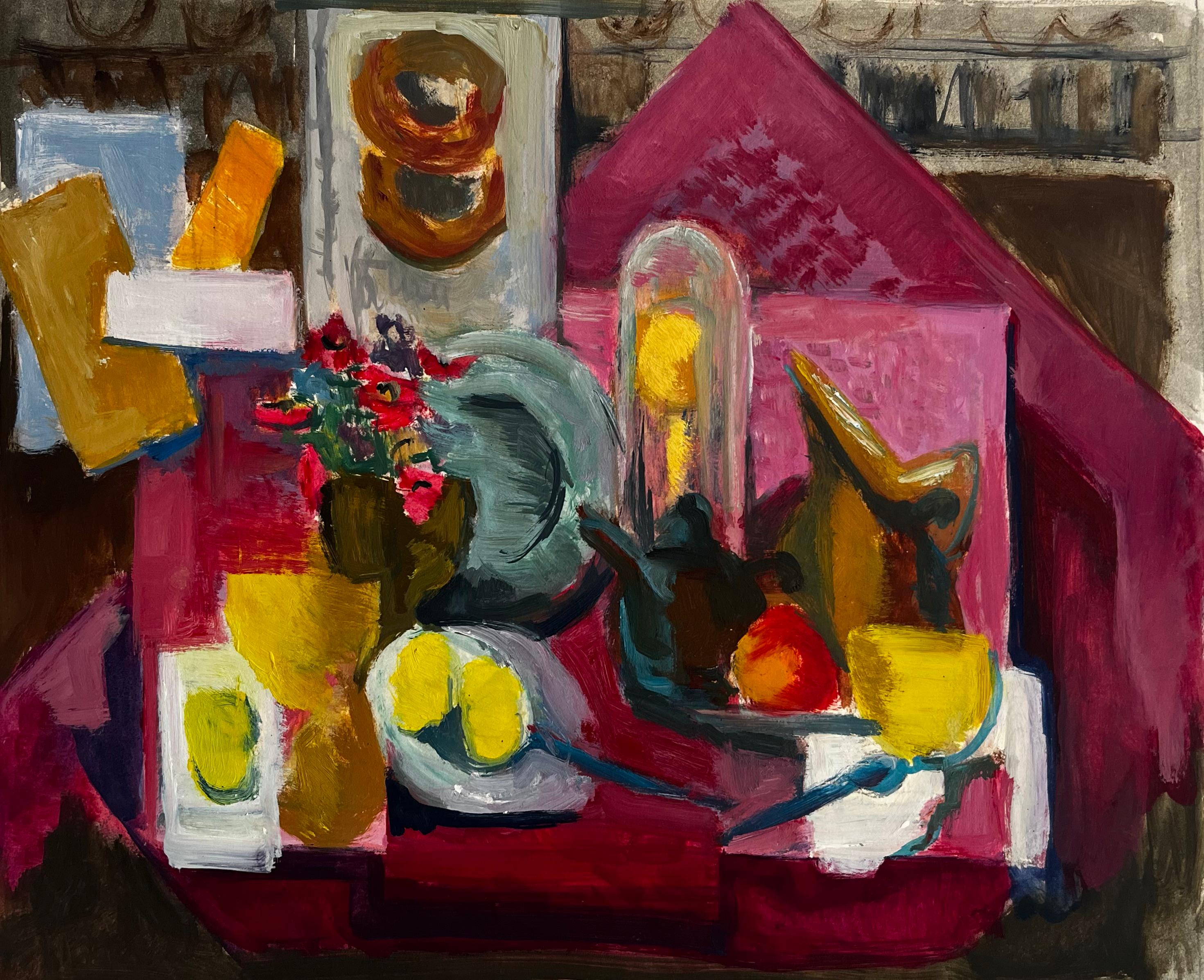 Abstraktes Stillleben mit Blumen Zitronen Krug Tasse und Cloche Modernist Gouache