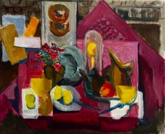 Bodegón Abstracto con Flores Limones Jarra Taza y Cloche Gouache Modernista