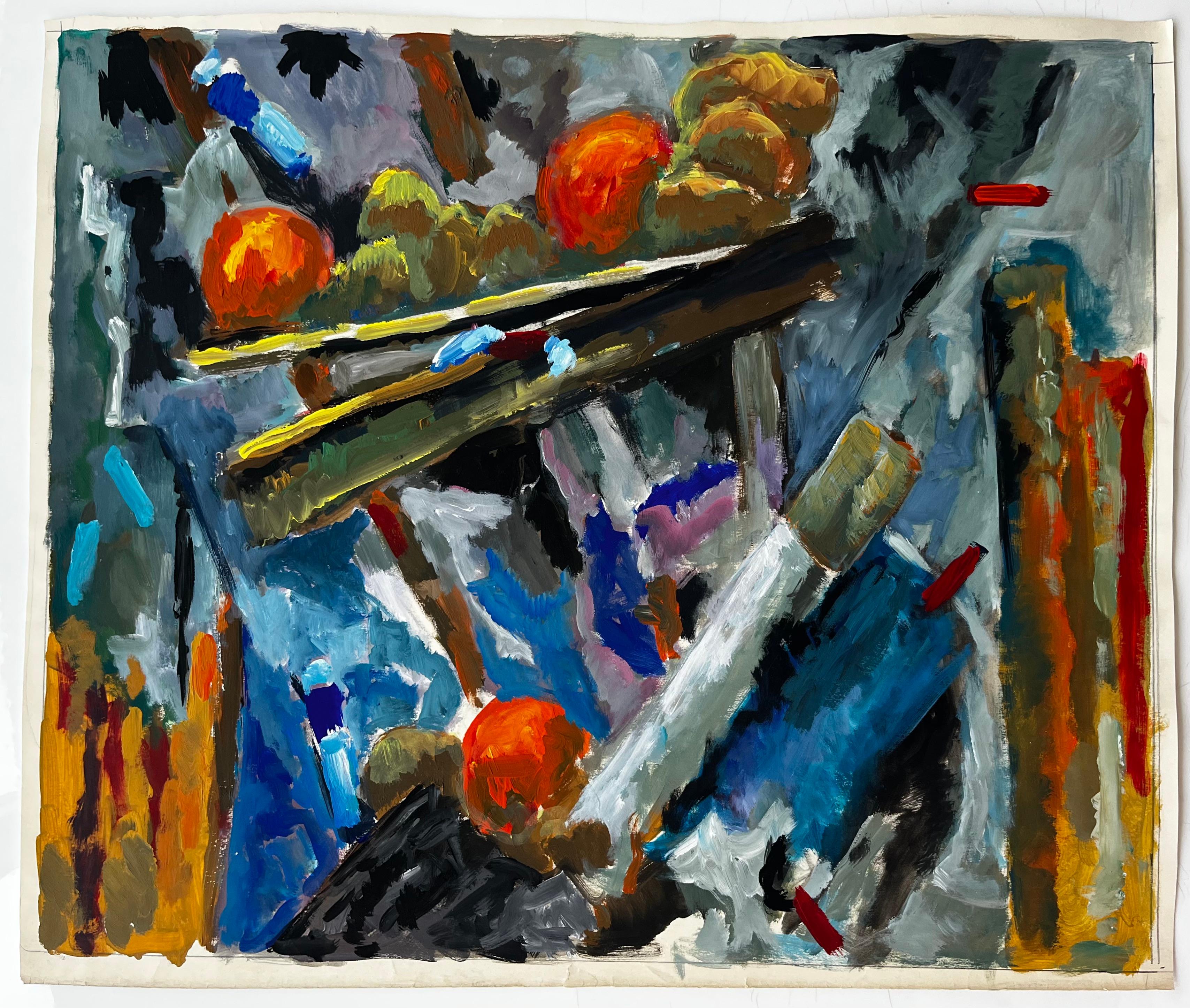 Nature morte abstraite avec fruits et outils d'artiste Peinture à la gouache moderne française - Painting de Guy Nicod